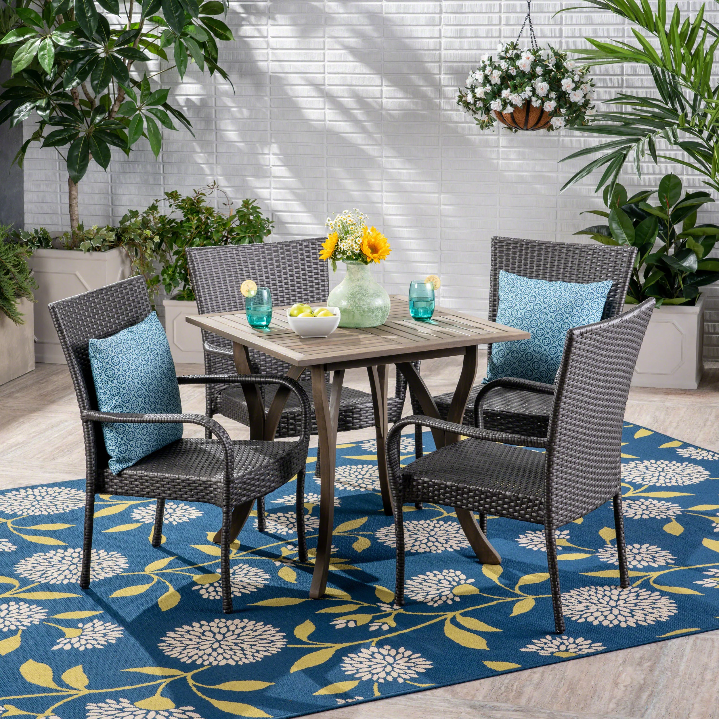 Lebeau Outdoor 5 Piece Acacia Wood/ Wicker Dining Set, Teak Finish and Multibrown - furnishings