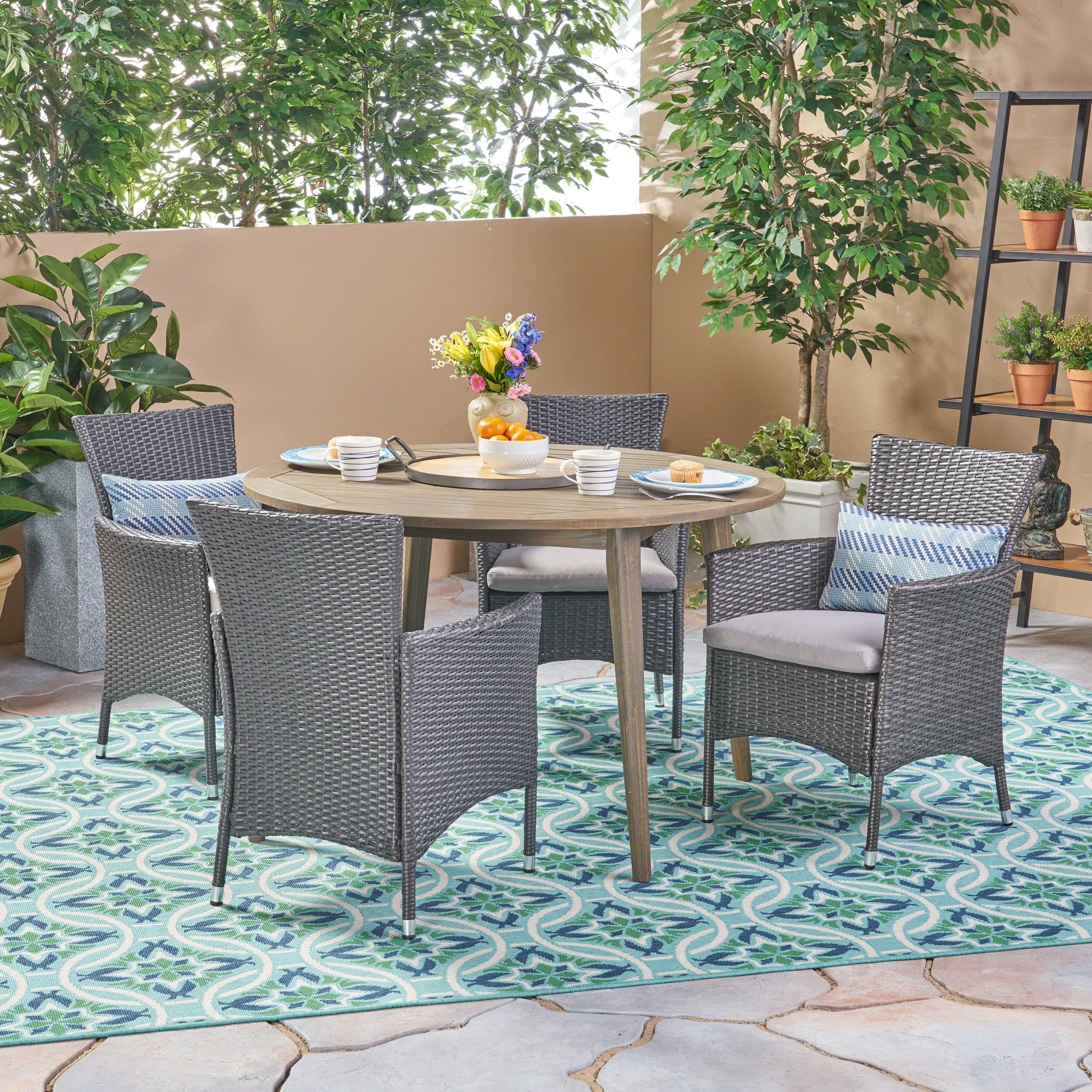 Hearn Outdoor 5 Piece Wood and Wicker Dining Set - furnishings