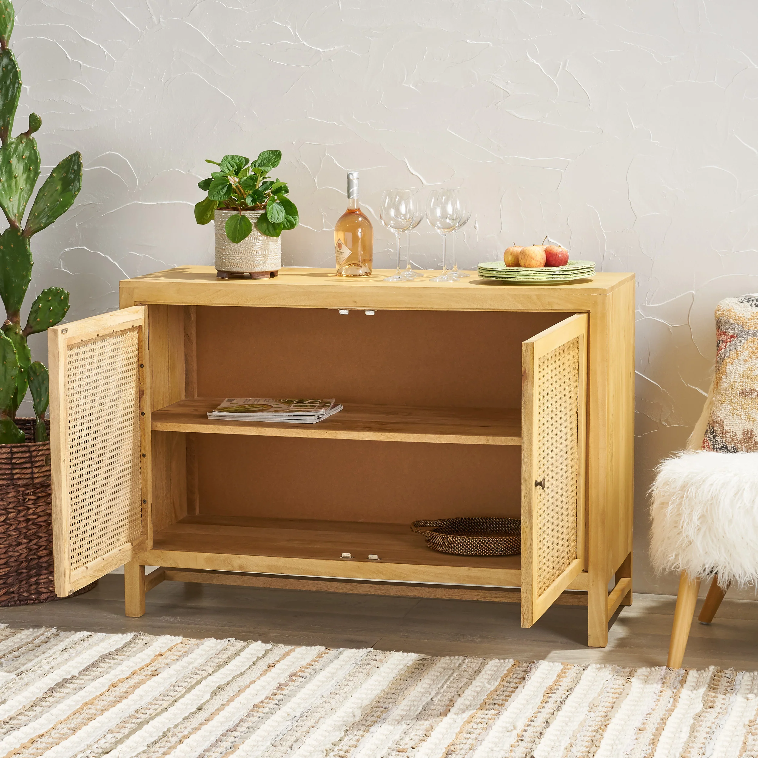 Viola Boho 2 Door Mango Wood Cabinet with Wicker Caning - furnishings