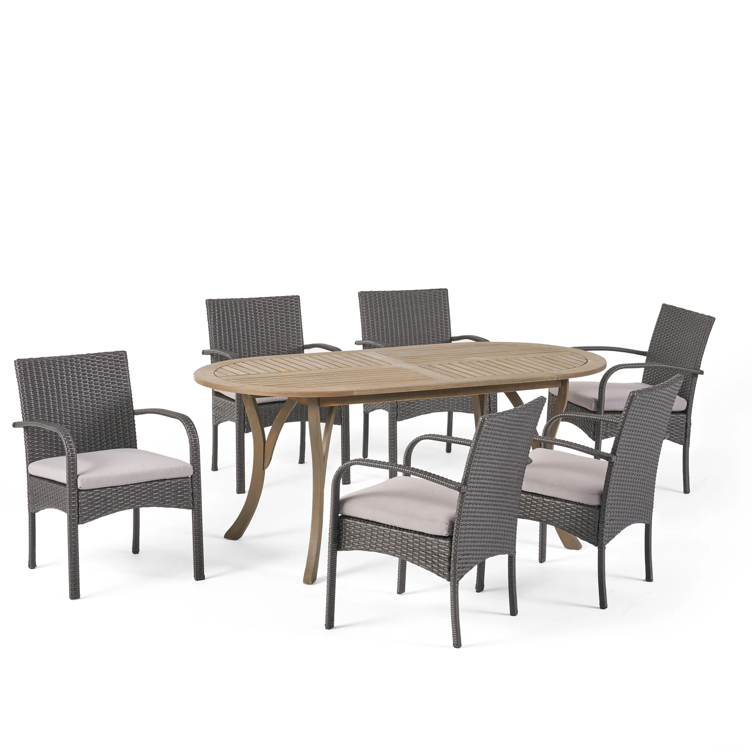 Isla Outdoor 7 Piece Wood and Wicker Dining Set, Gray Finish and Gray - furnishings