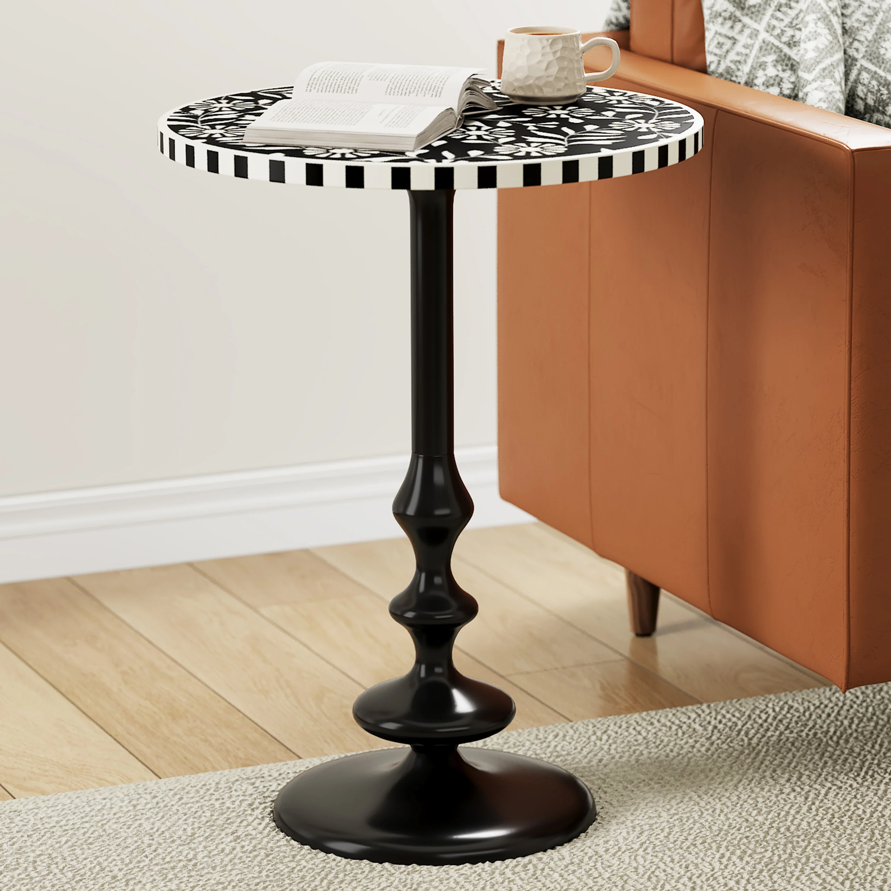Civona Round End Table Side Table with Geometric Patterned Top - furnishings
