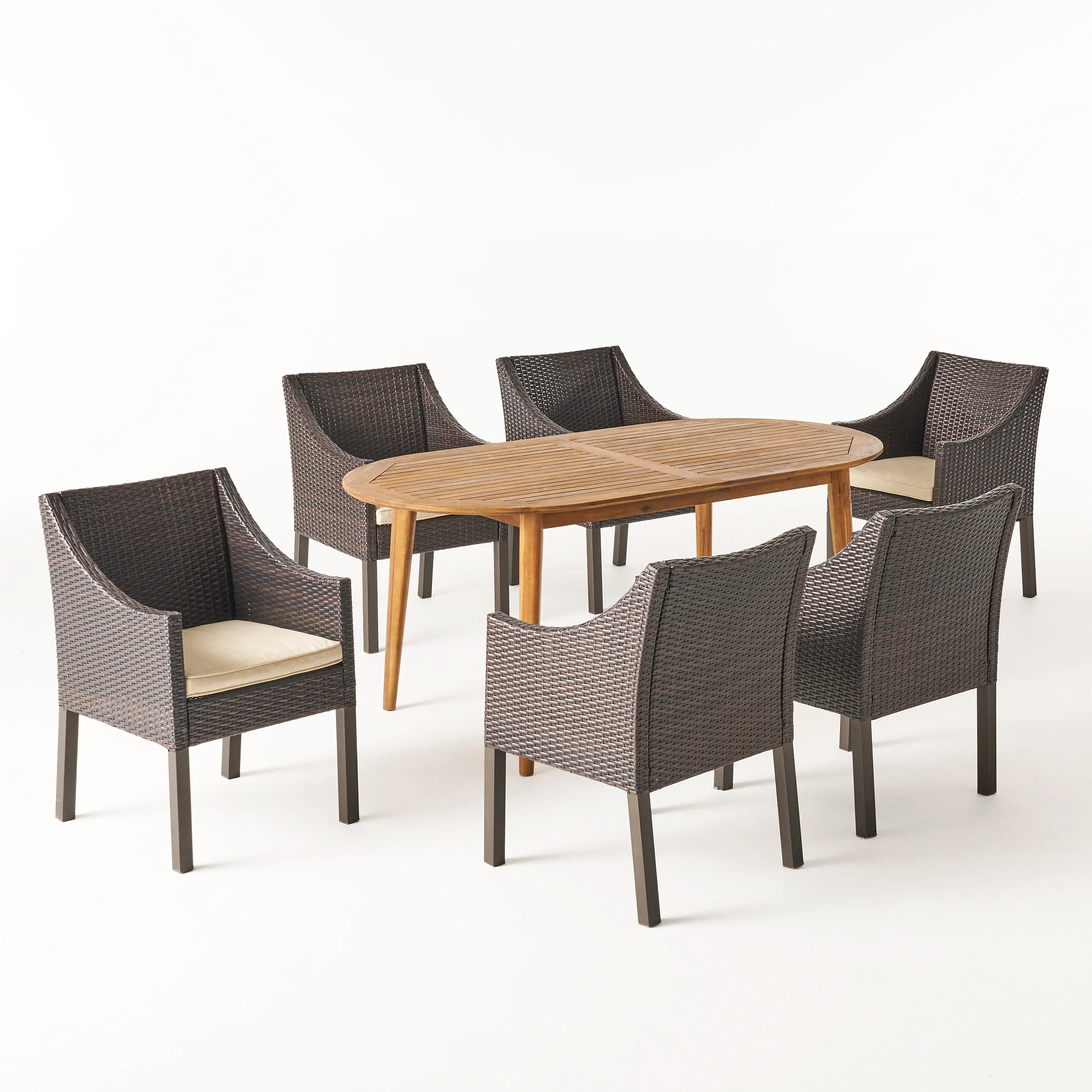 Stanford Outdoor 7-Piece Acacia Wood Dining Set with Wicker Chairs - furnishings