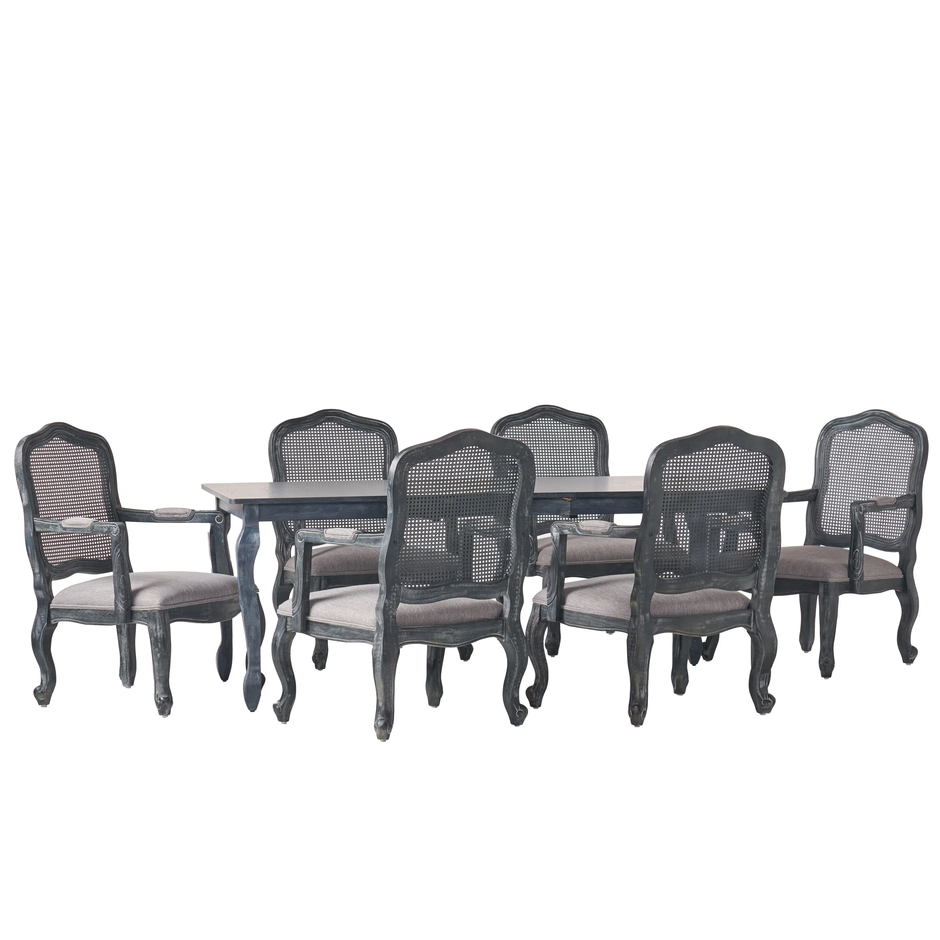 Bonview French Country Fabric Upholstered Wood and Cane Expandable 7 Piece Dining Set - furnishings