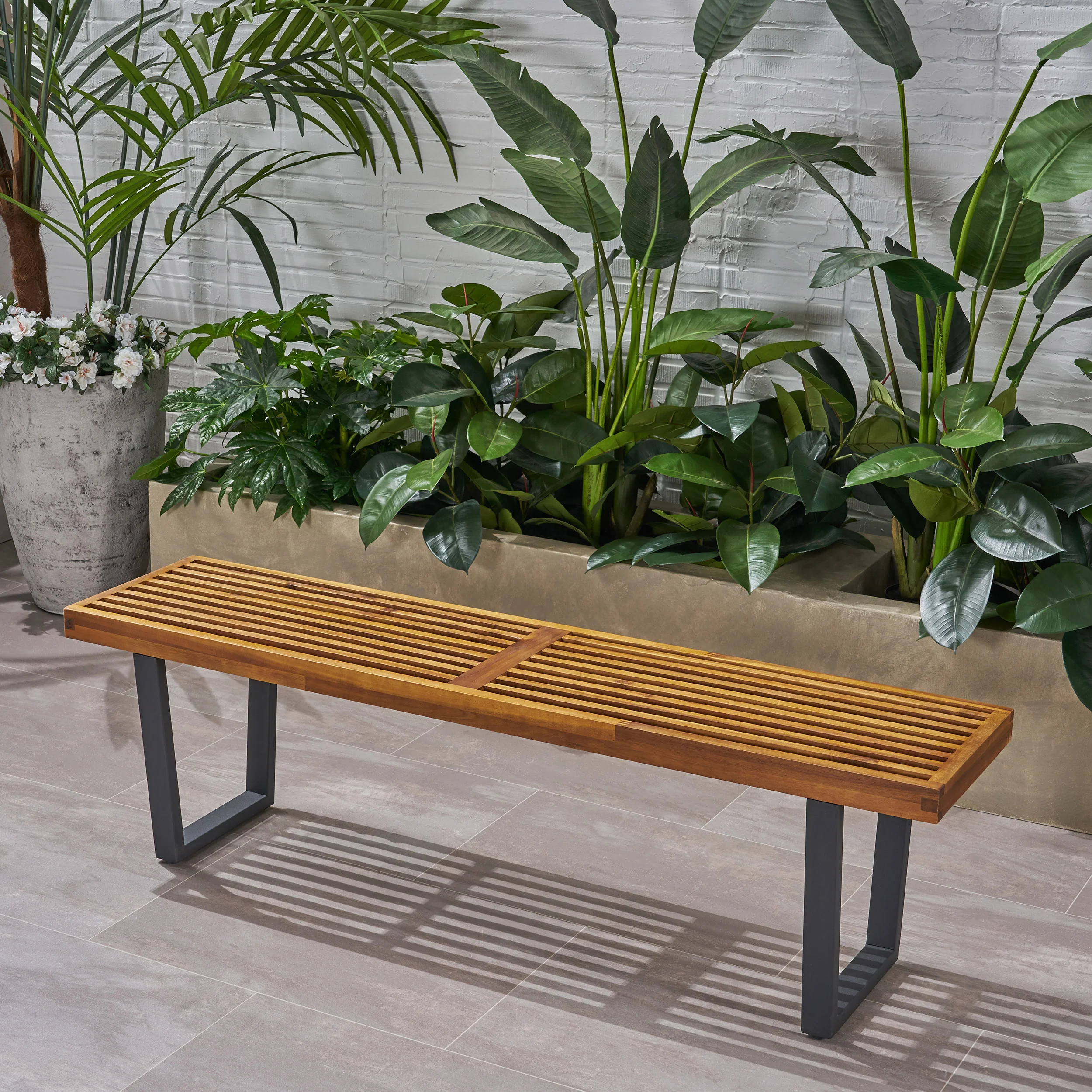 Joa Patio Dining Bench, Acacia Wood with Iron Legs, Modern, Contemporary - furnishings