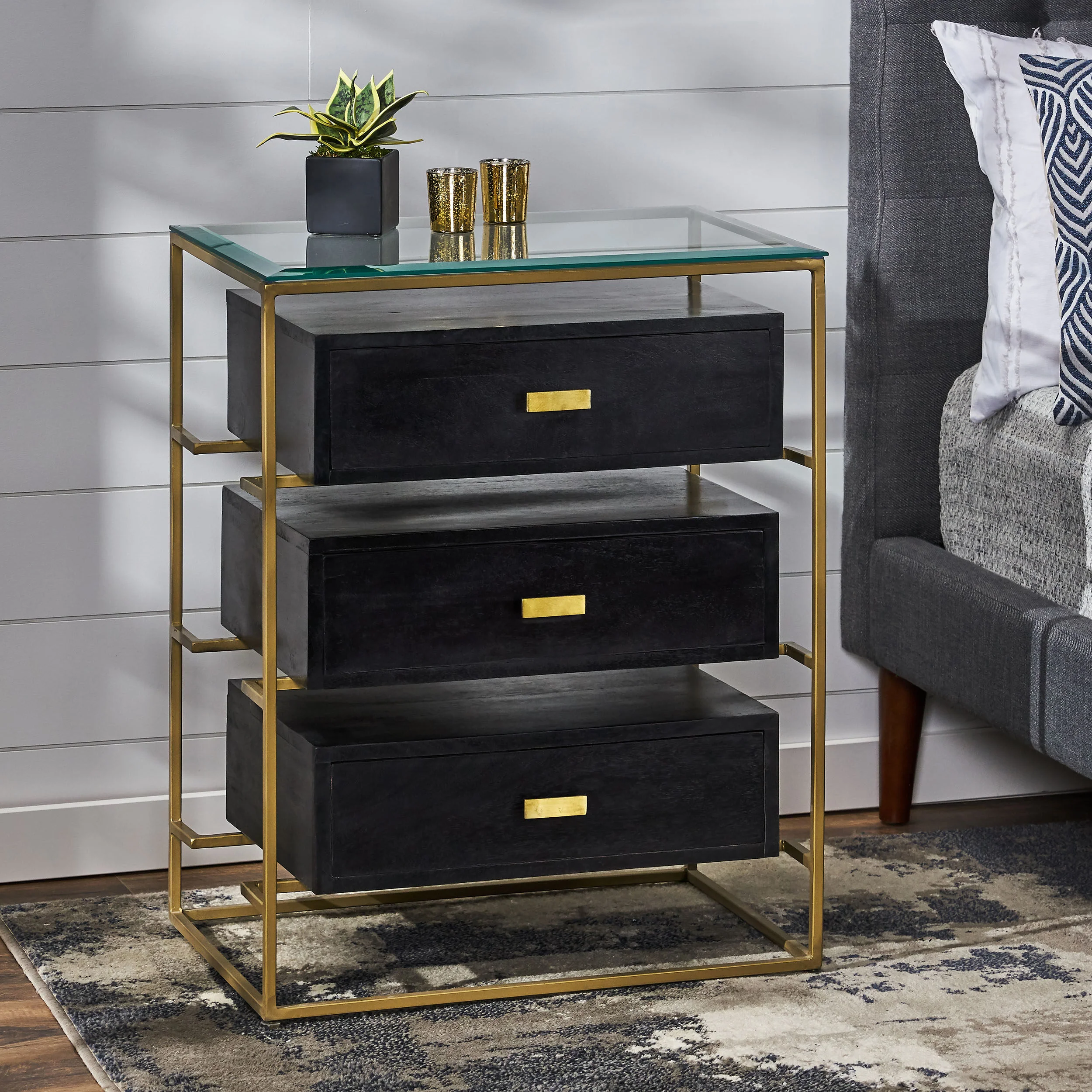 Sonne Modern Handcrafted 3 Drawer Glass Top Nightstand, Black and Brass - furnishings