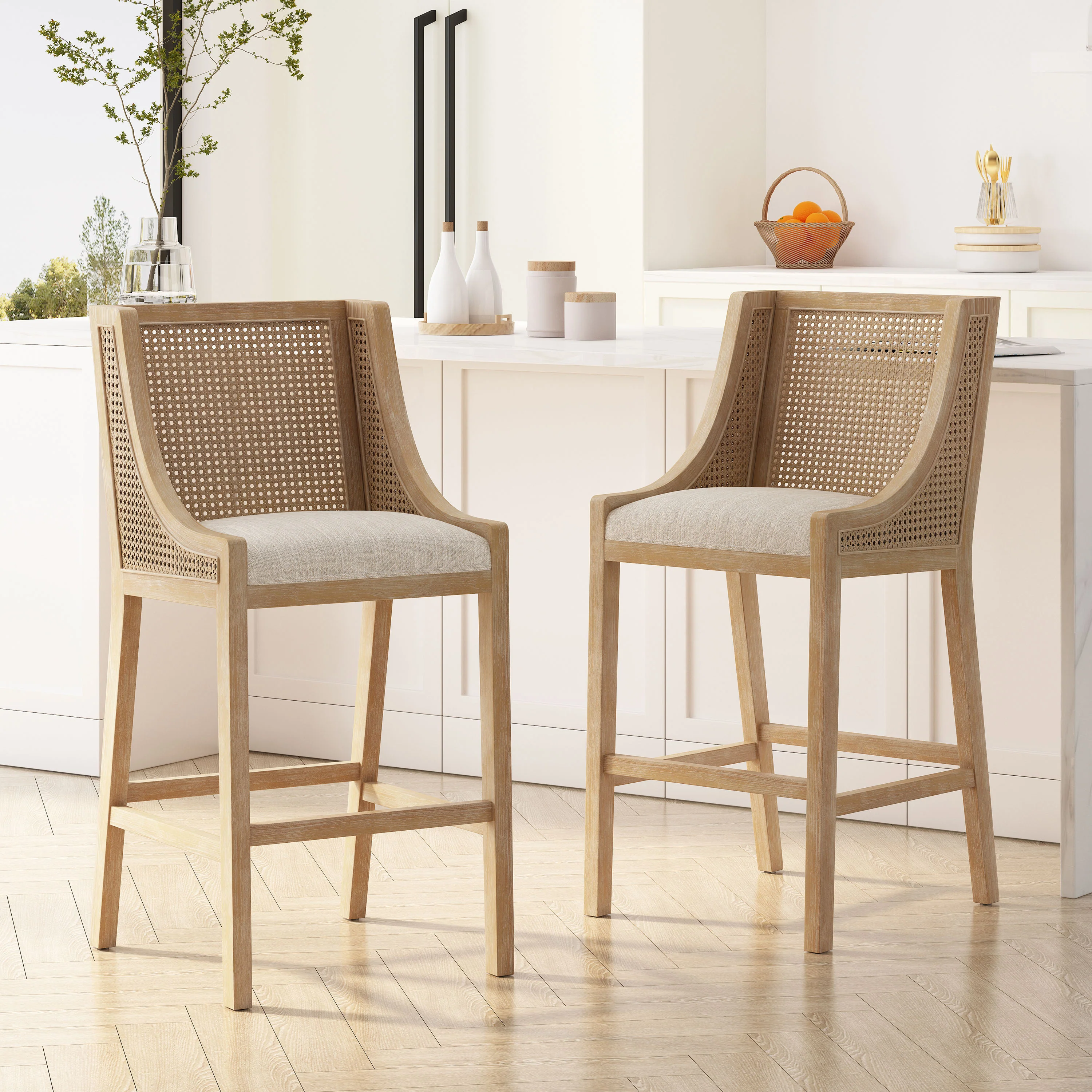 Oneida Rustic Fabric Upholstered Wood and Cane 30 inch Barstools (Set of 2) - furnishings