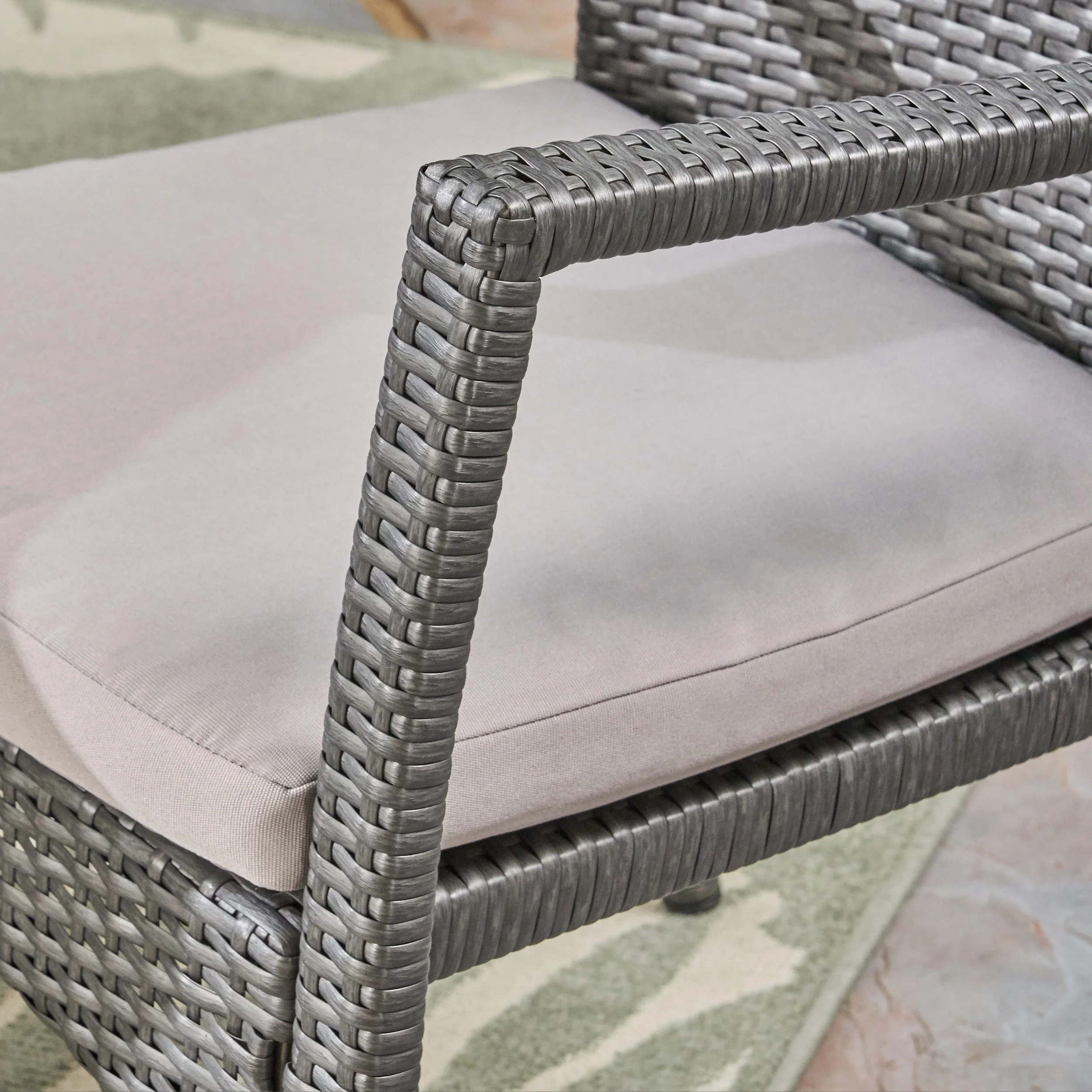 Dawn Outdoor 6-Seater Acacia Wood Dining Set with Wicker Chairs, Sandblast Dark Gray Finish and Gray - furnishings