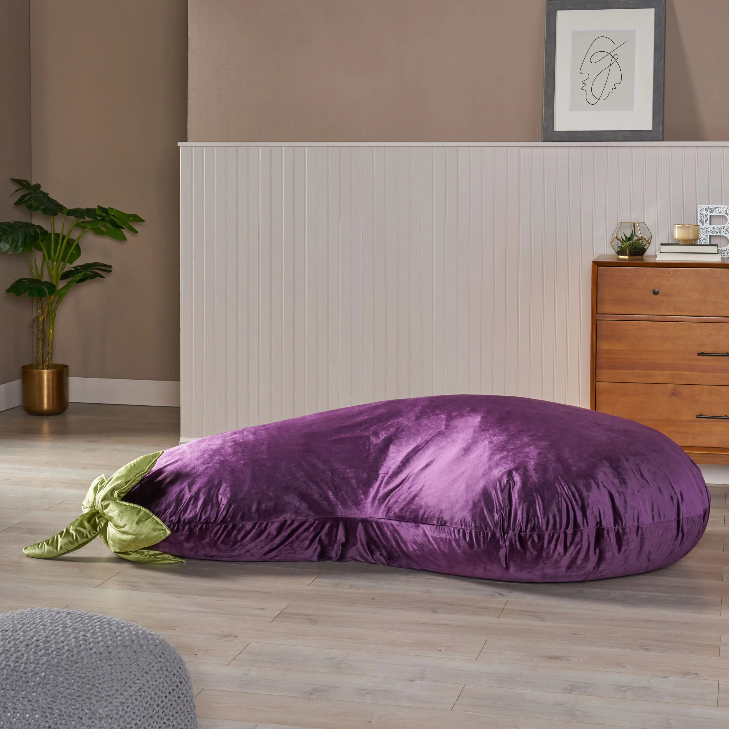 Hudspeth Modern 7.5 Ft. Velvet Eggplant Bean Bag - furnishings