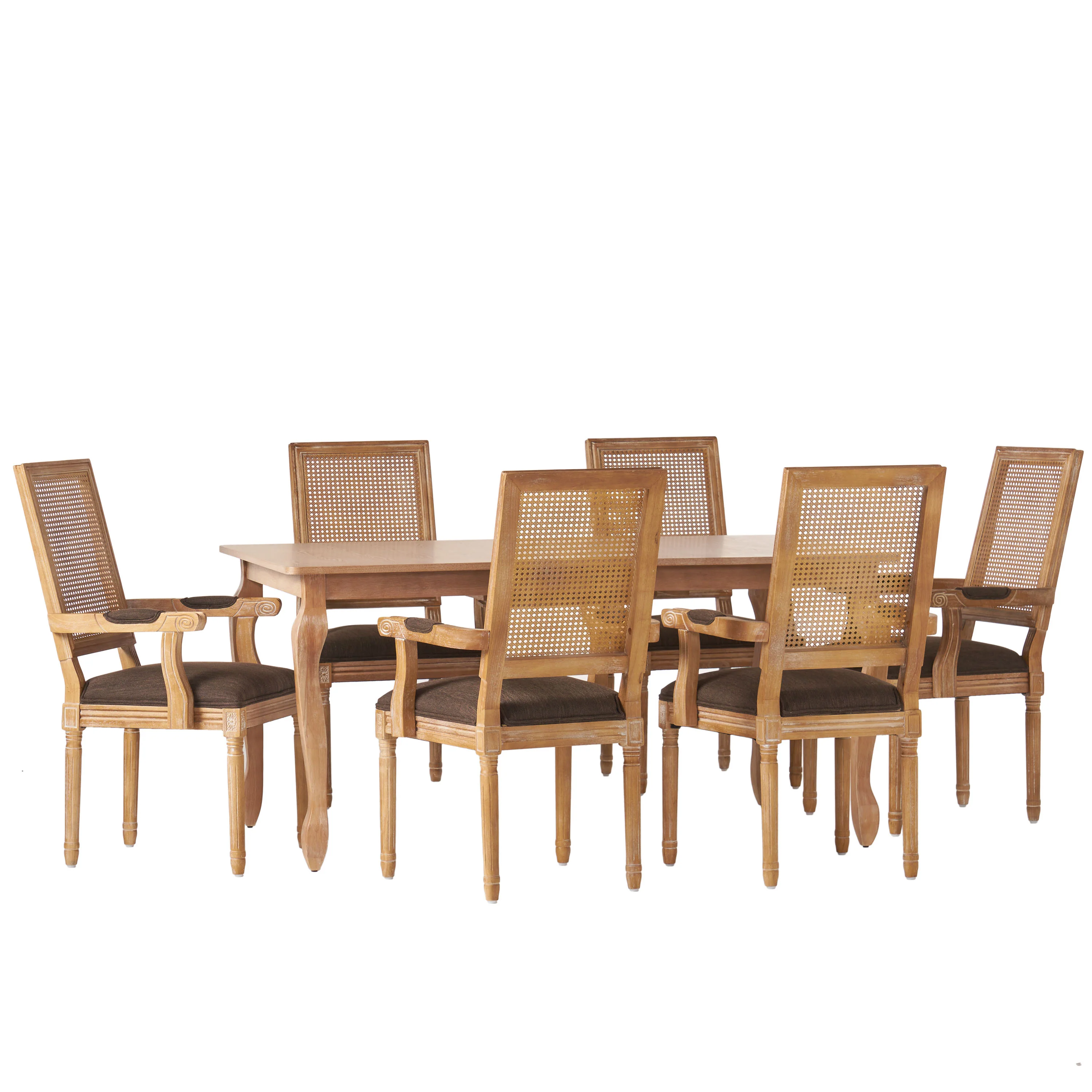 Regan French Country Fabric Upholstered Wood and Cane Expandable 7 Piece Dining Set - furnishings