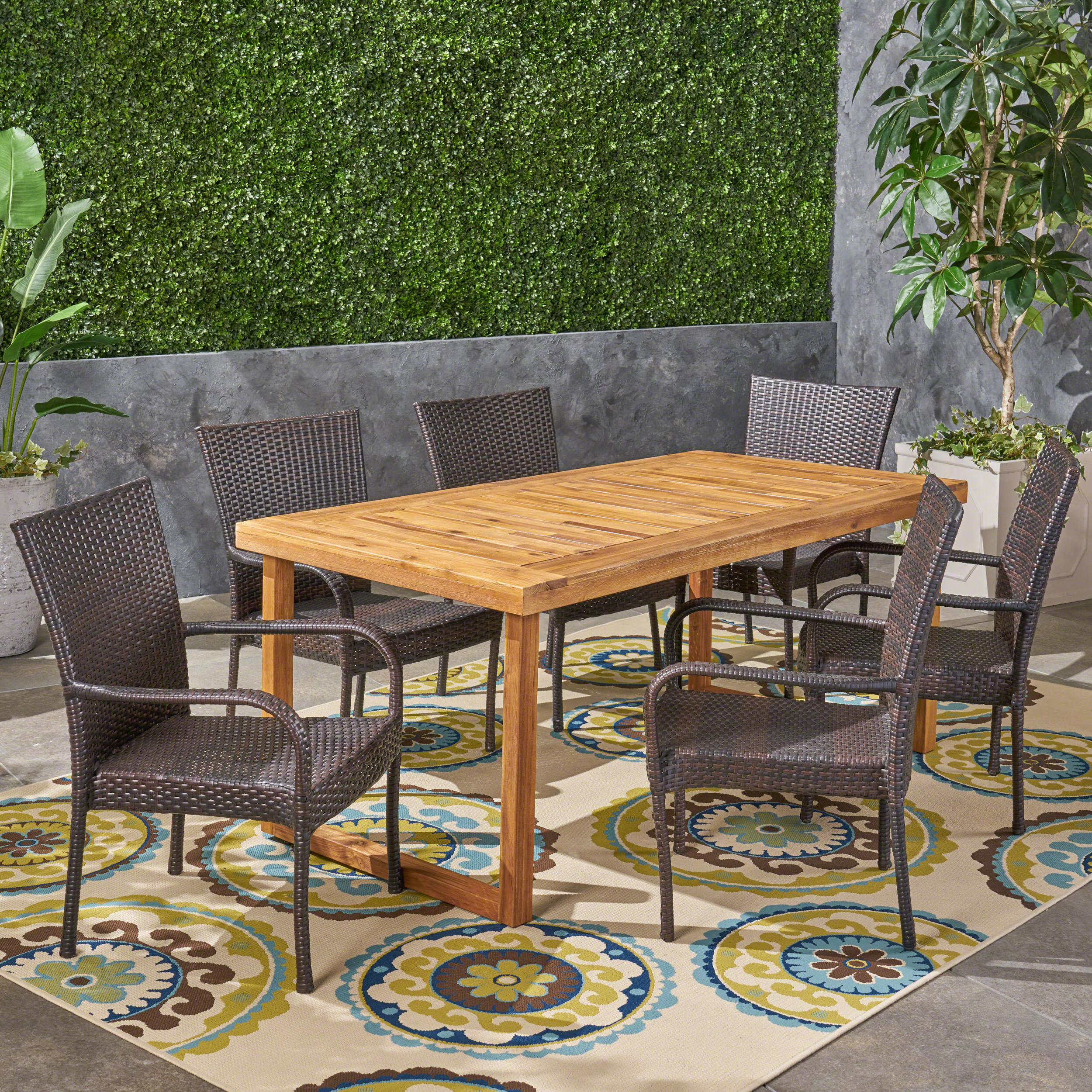 Louis Outdoor 7 Piece Acacia Wood Dining Set with Stacking Wicker Chairs - furnishings