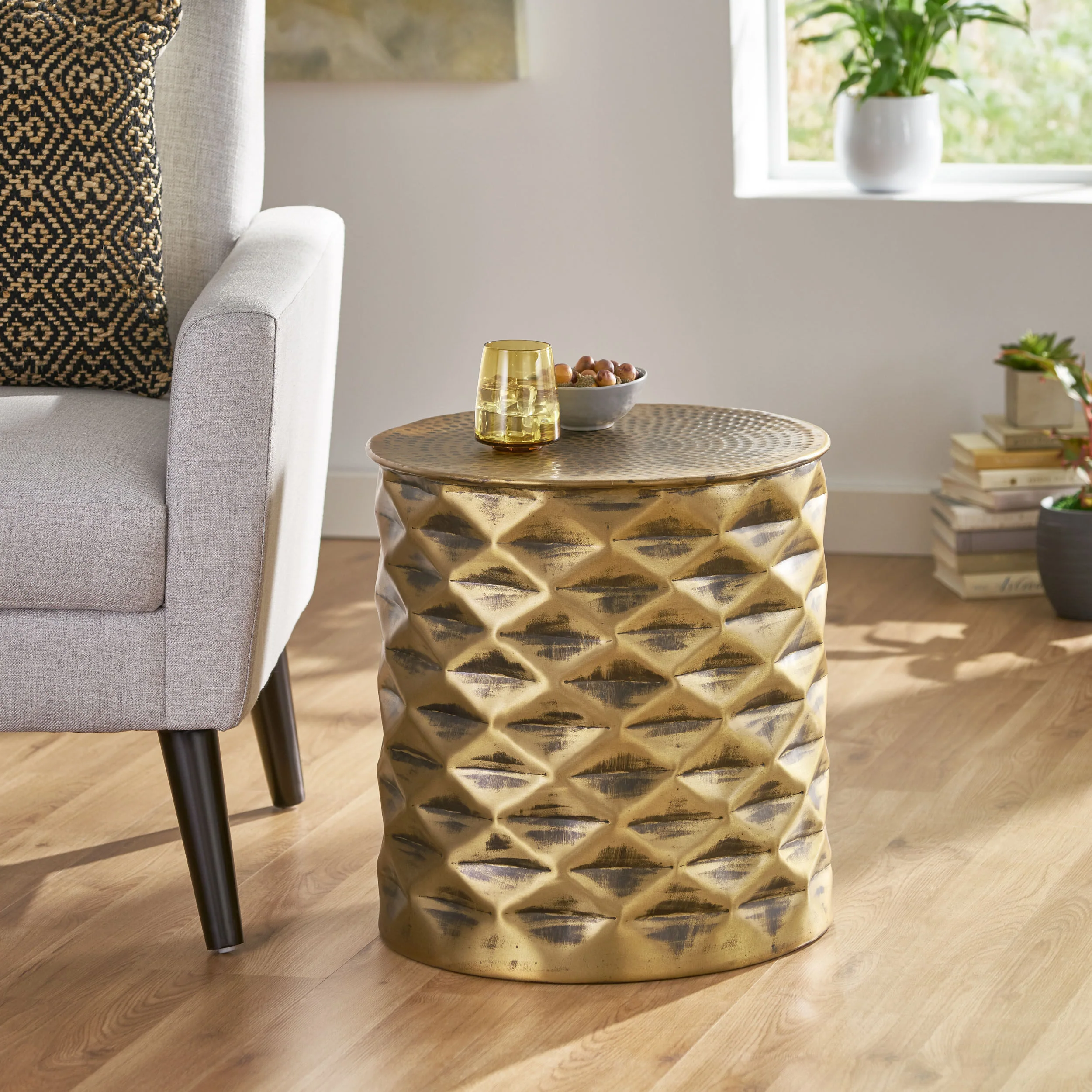 Ella Modern Glam Handcrafted Diamond Pattern Aluminum Side Table - furnishings