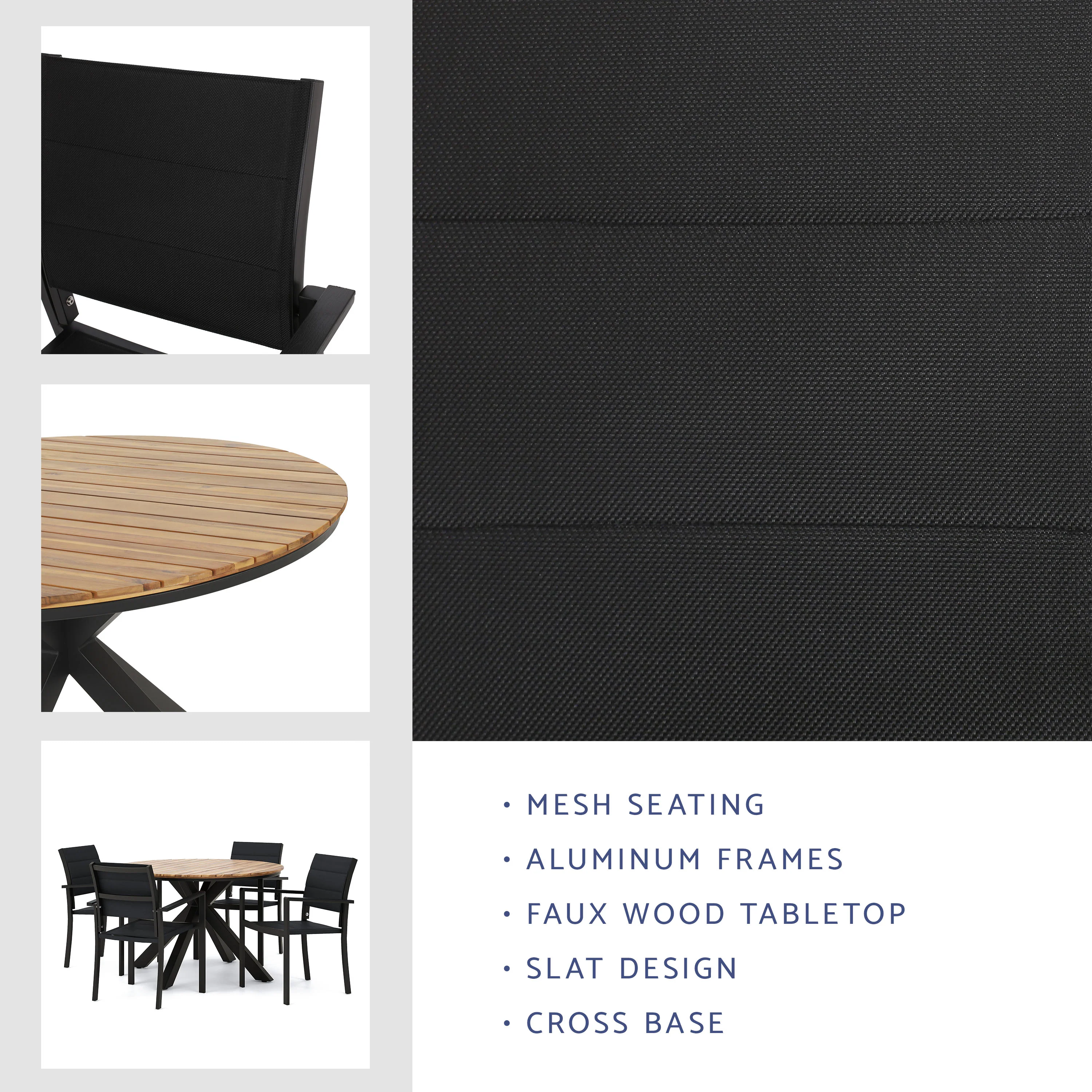 Mellie Outdoor Mesh and Acacia Wood 5 Piece Dining Set, Black and Teak - furnishings