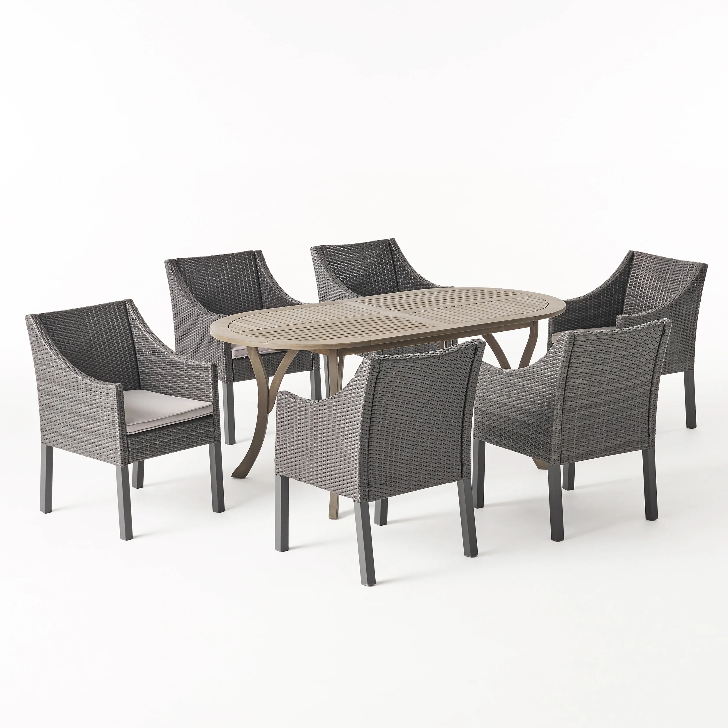 Pettit Outdoor 7 Piece Wood and Wicker Dining Set, Gray Finish and Gray - furnishings