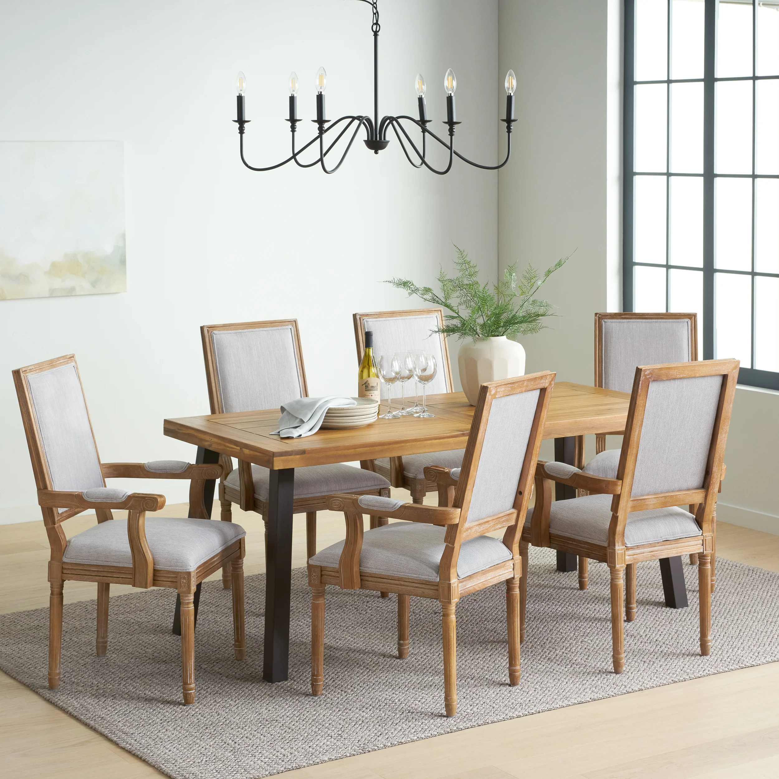 Coniston Farmhouse Fabric Upholstered Wood and Iron 7 Piece Dining Set - furnishings