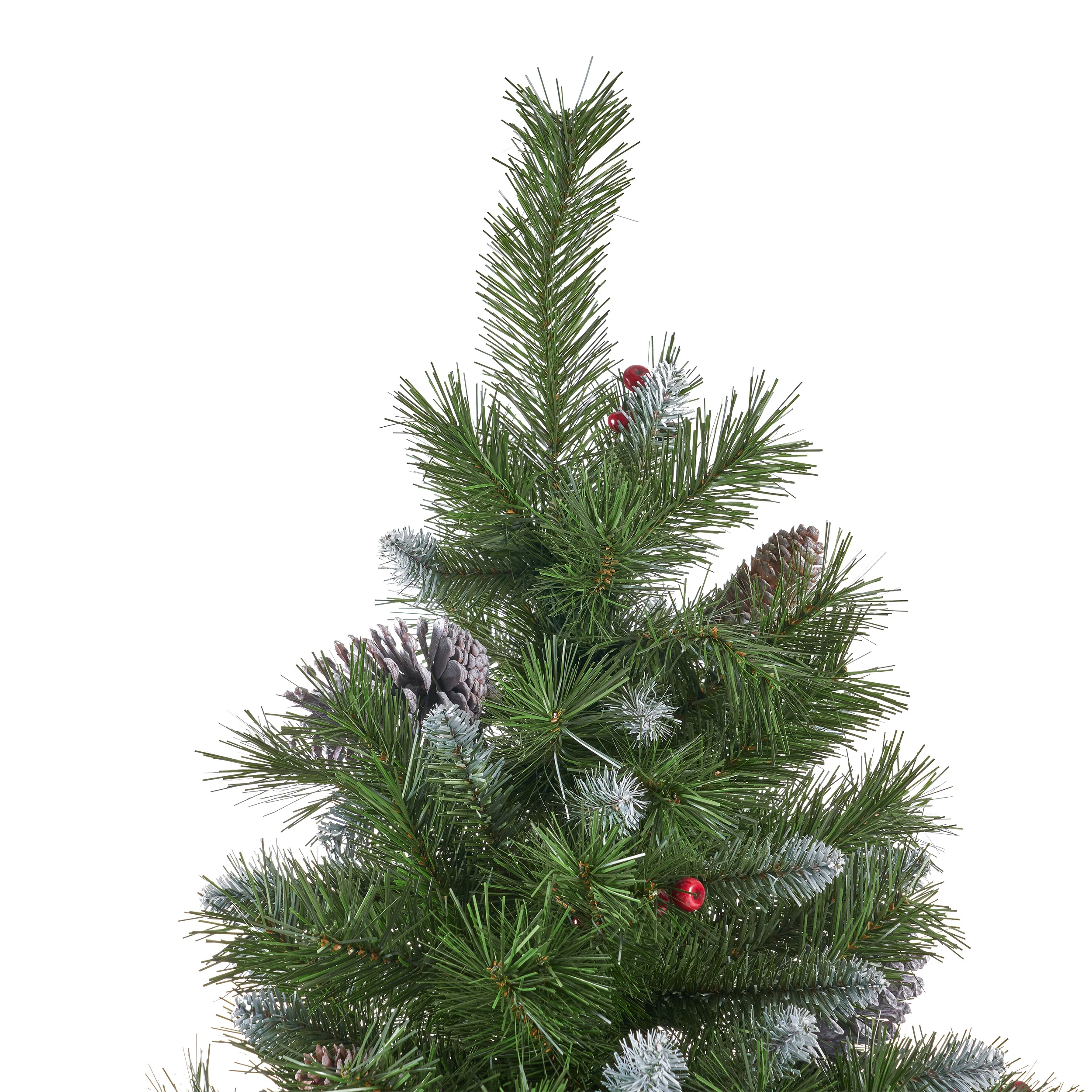 7-foot Mixed Spruce Hinged Artificial Christmas Tree with Frosted Branches, Red Berries, and Frosted Pinecones - furnishings