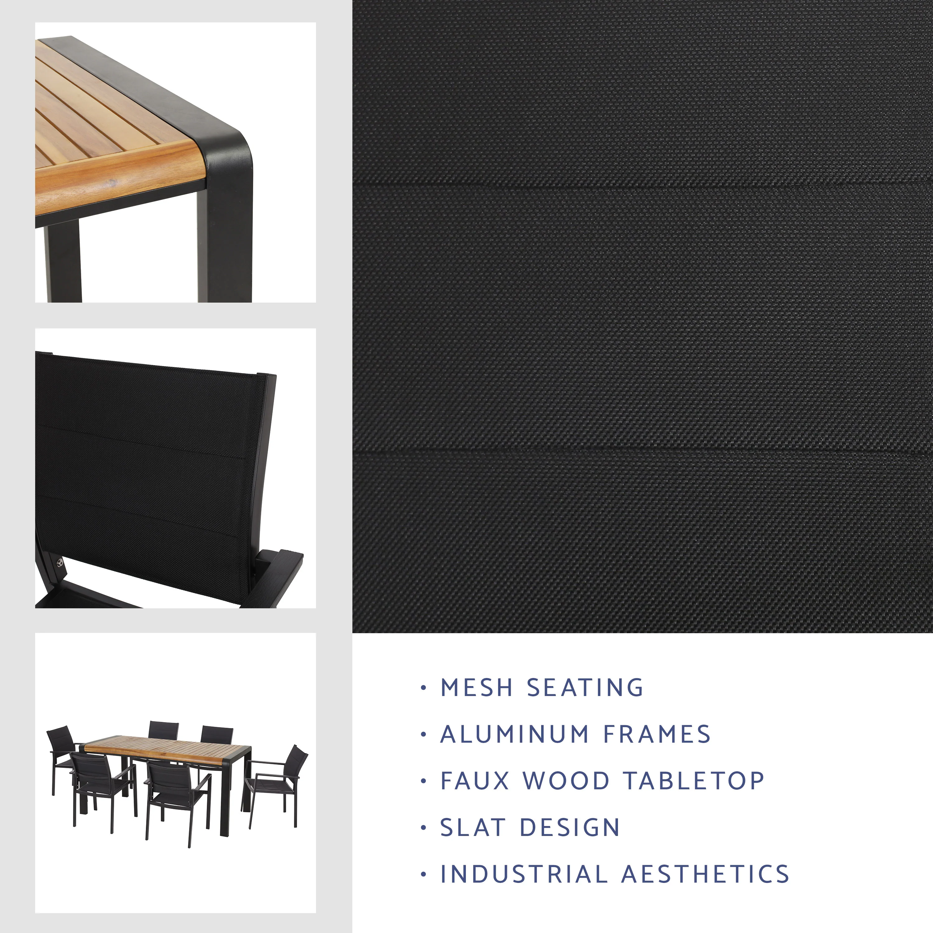 Roseland Outdoor Mesh and Acacia Wood 7 Piece Dining Set, Black and Teak - furnishings