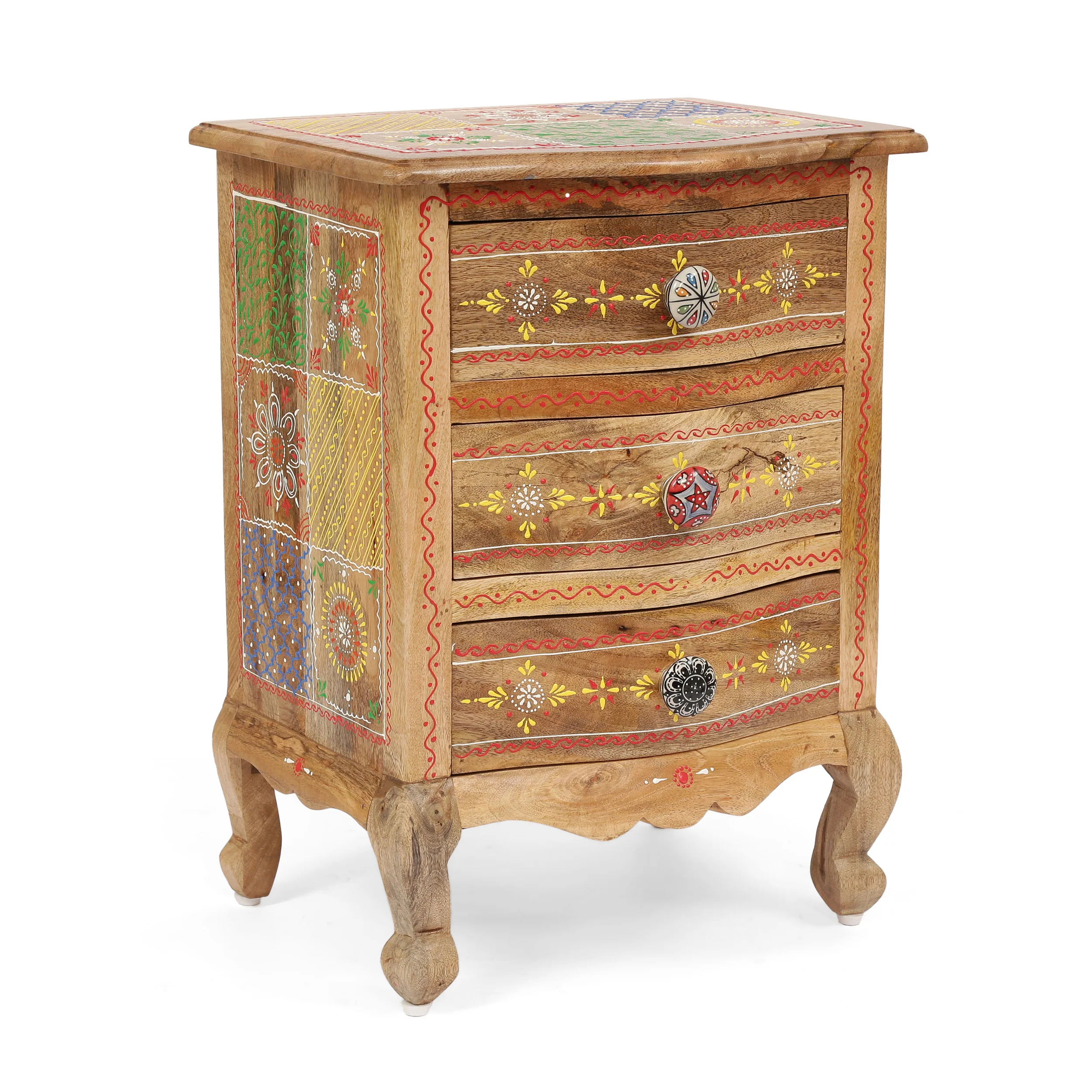 Valdosta Handcrafted Boho Mango Wood 3 Drawer Nightstand - furnishings