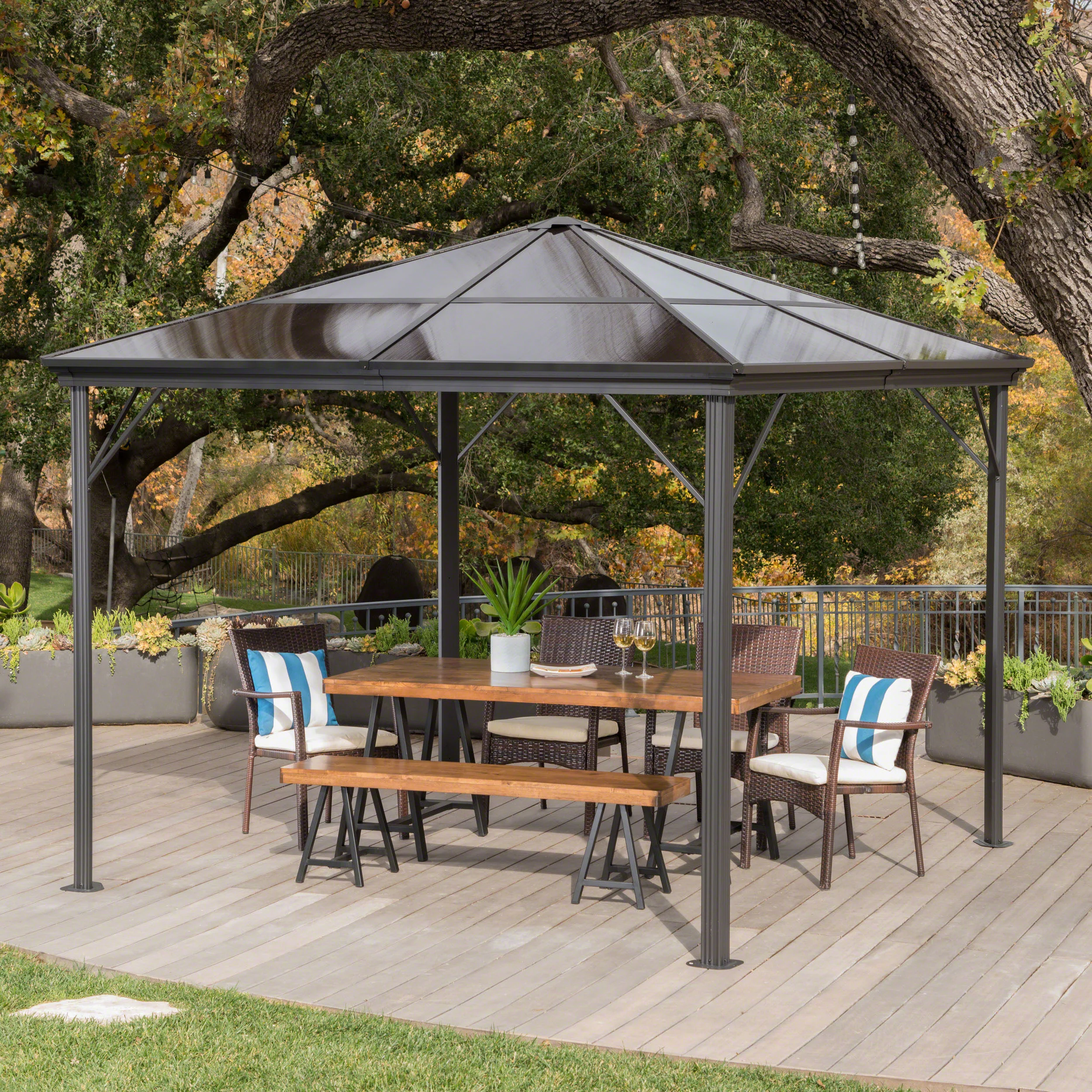 Halley Outdoor 10 x 10 Foot Black Rust Proof Aluminum Framed Hardtop Gazebo (No Curtains) - furnishings