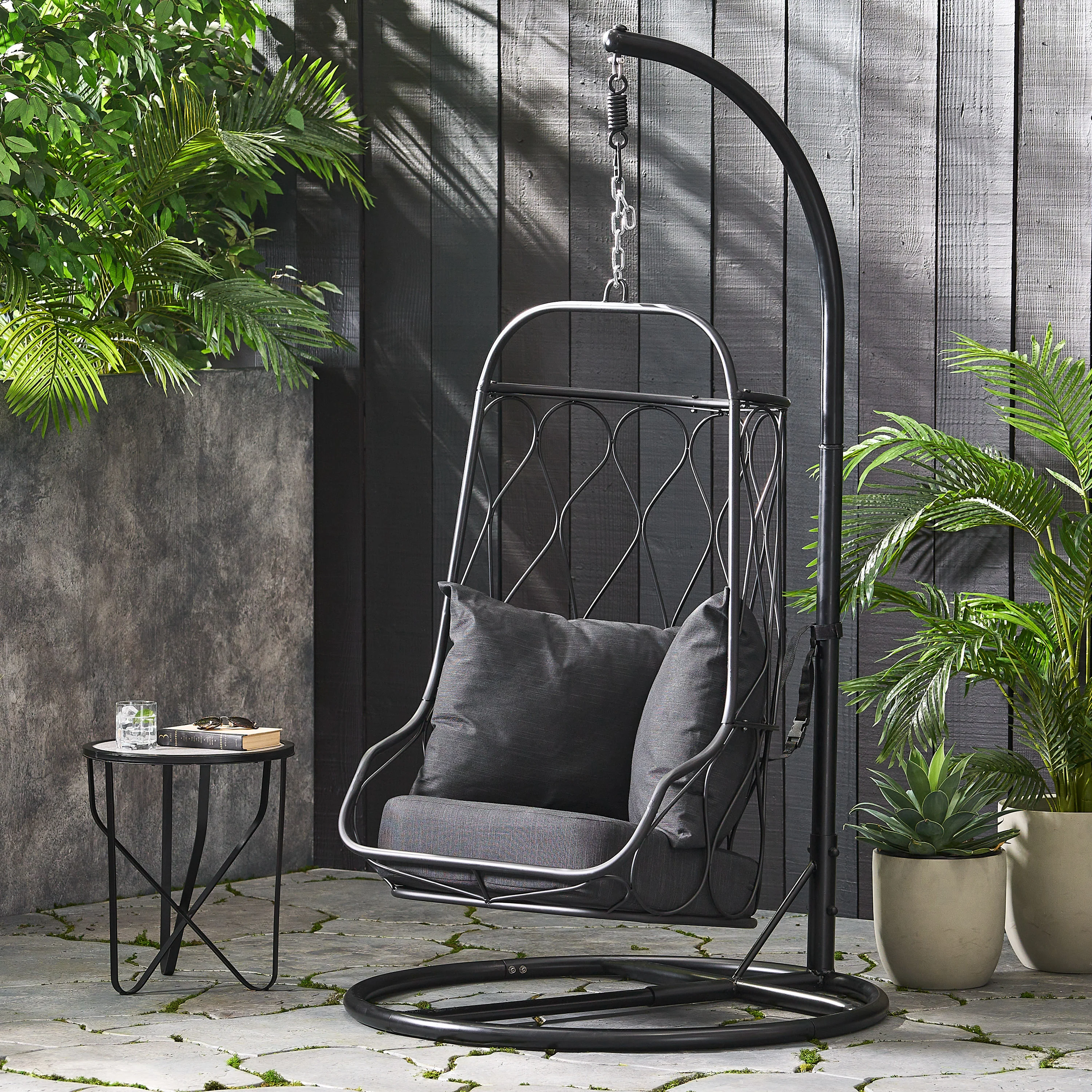 Edgell Indoor/Outdoor Hanging Chair with Stand, Black - furnishings