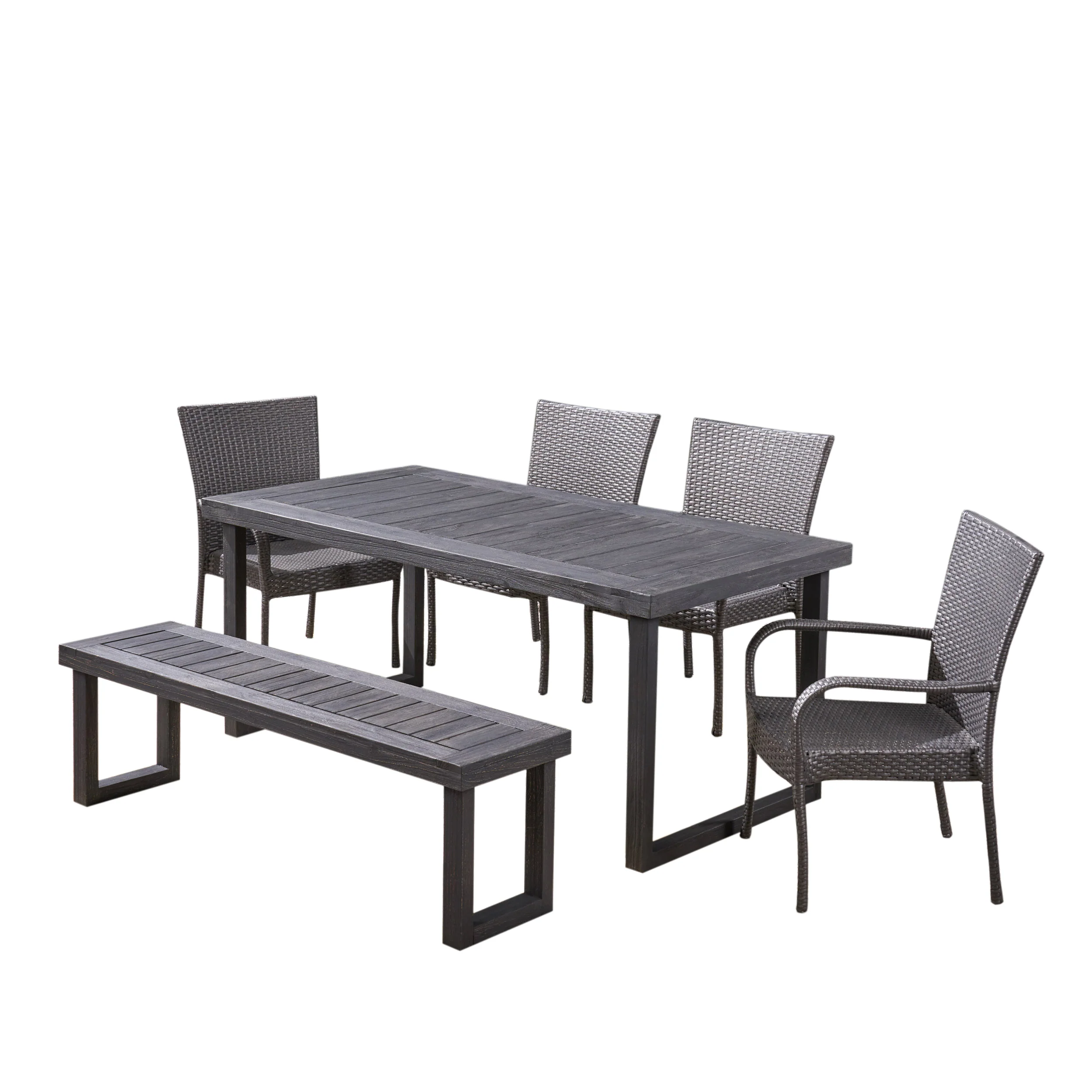 Eric Outdoor 6-Seater Wood and Wicker Chair and Bench Dining Set - furnishings