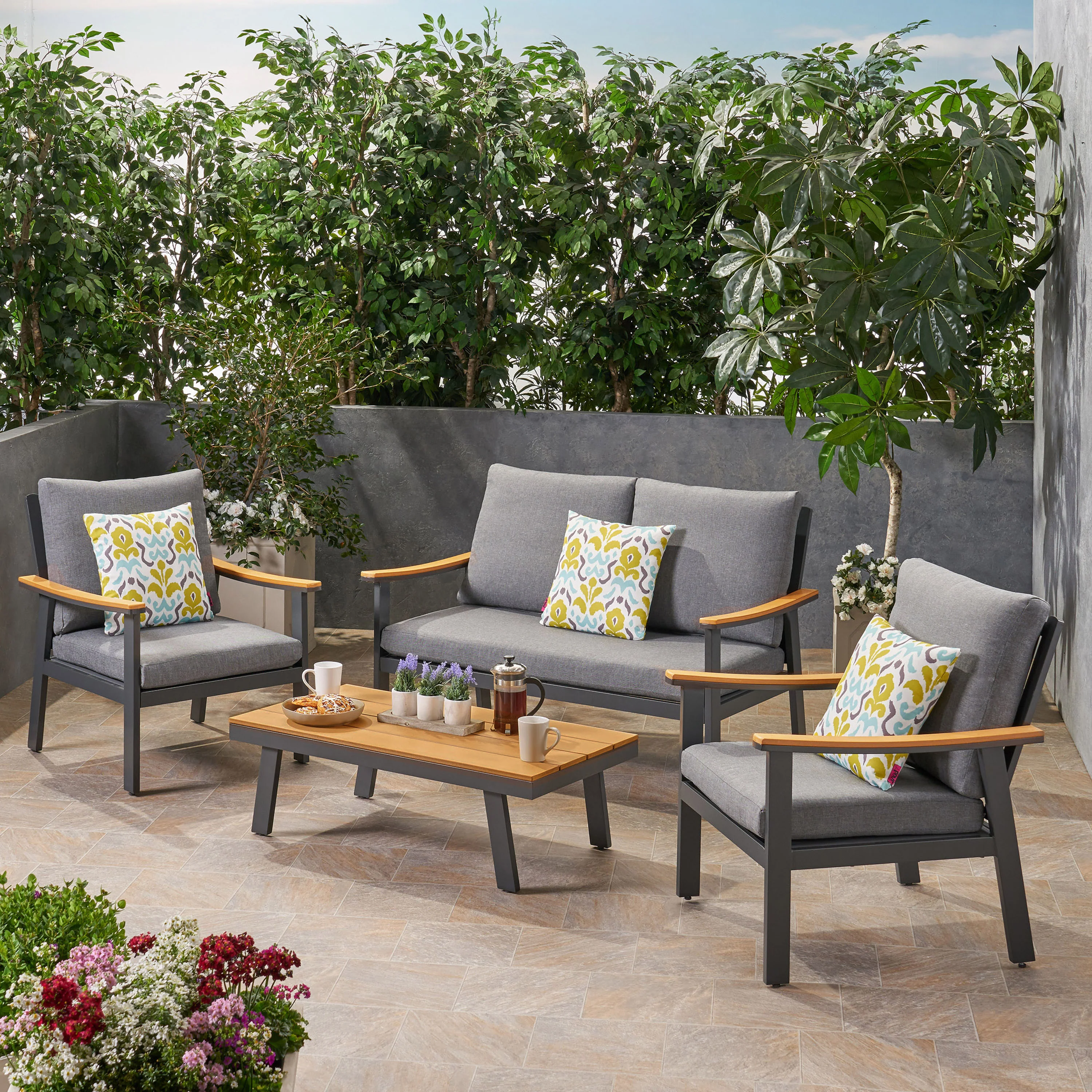Mathias Outdoor 4 Piece Aluminum and Faux Wood Chat Set with Cushions - furnishings