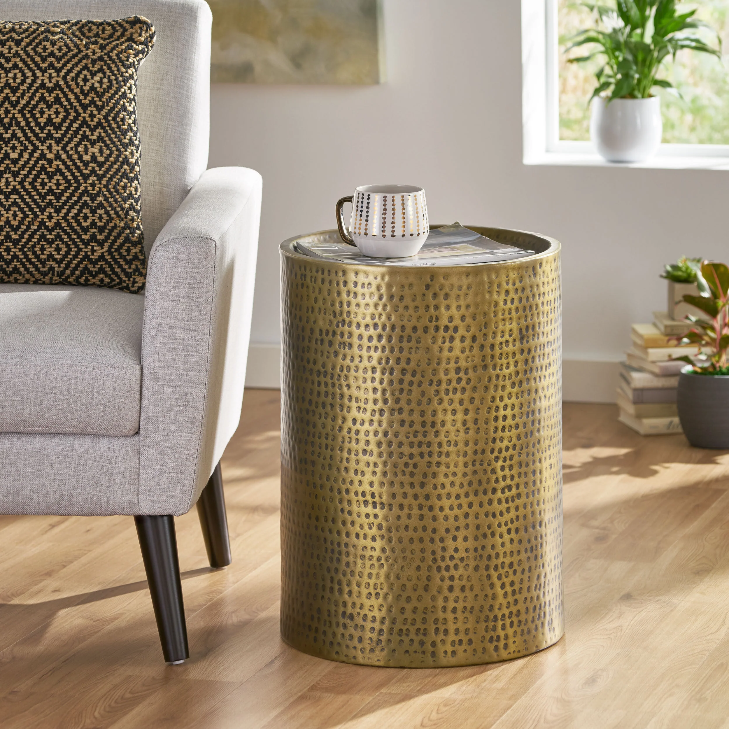 Wurtz Modern Handcrafted Hammered Aluminum Drum Side Table, Aged Brass - furnishings