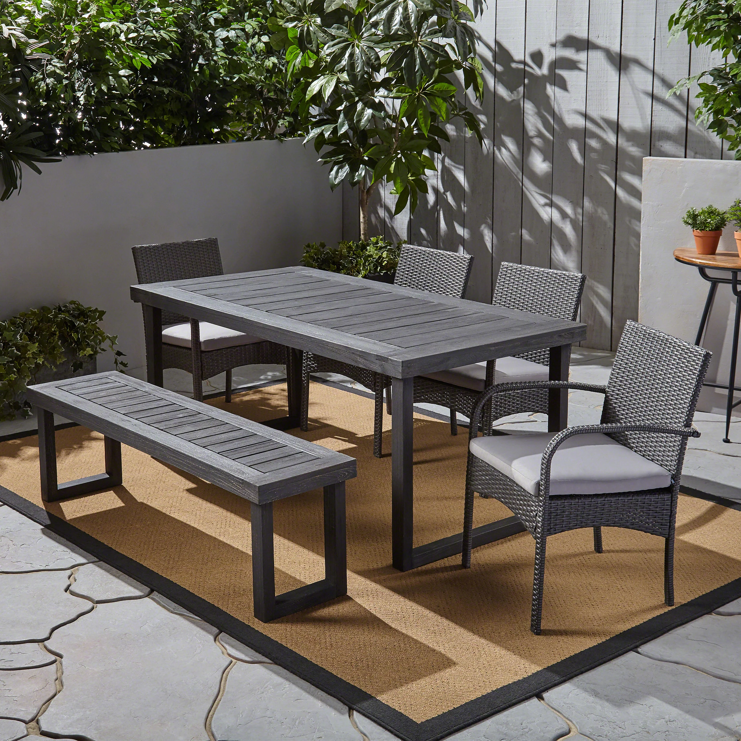 Stonecrest Outdoor 6-Seater Wood and Wicker Chair and Bench Dining Set - furnishings