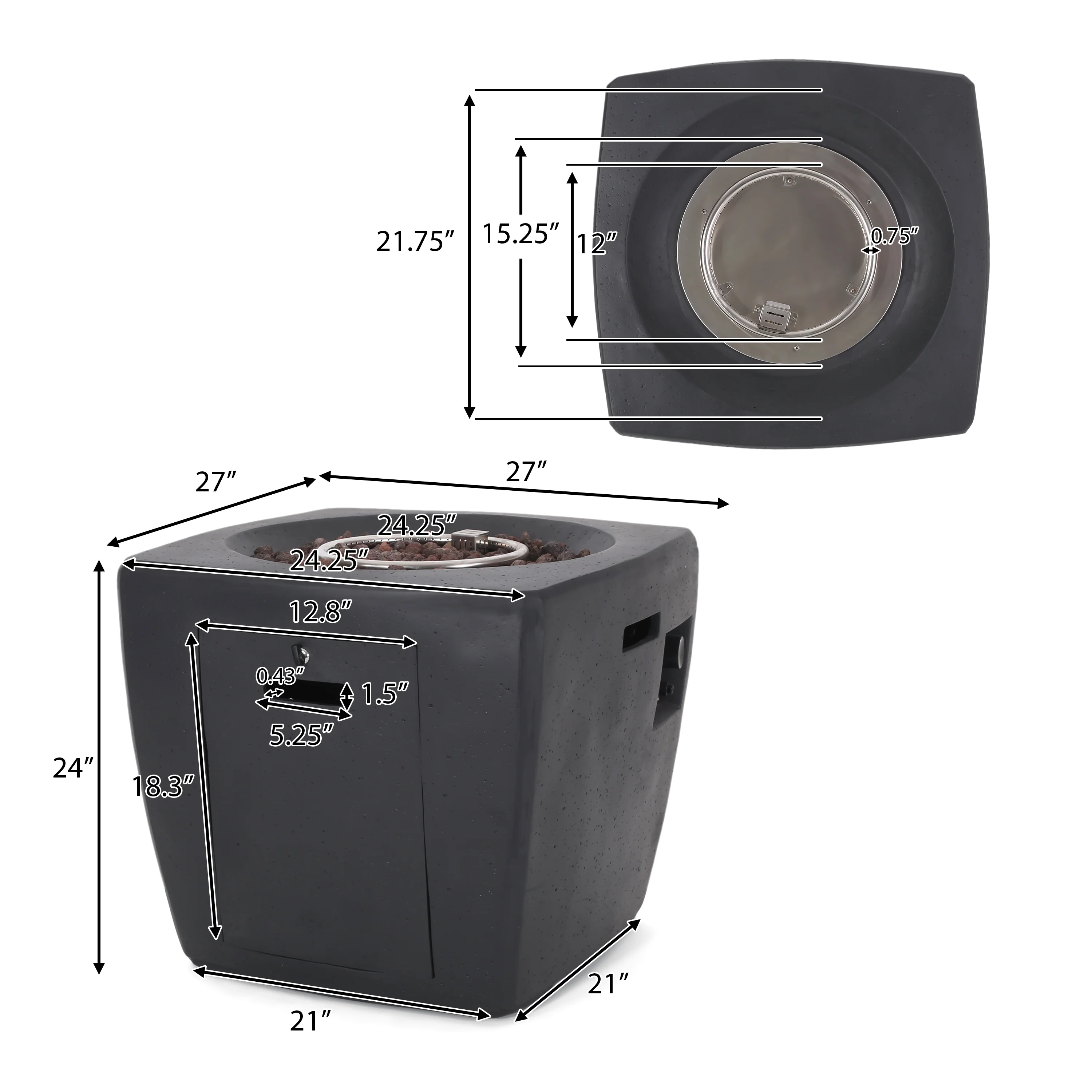 Andreson Outdoor 40,000 BTU Lightweight Concrete Square Fire Pit, Dark Gray - furnishings