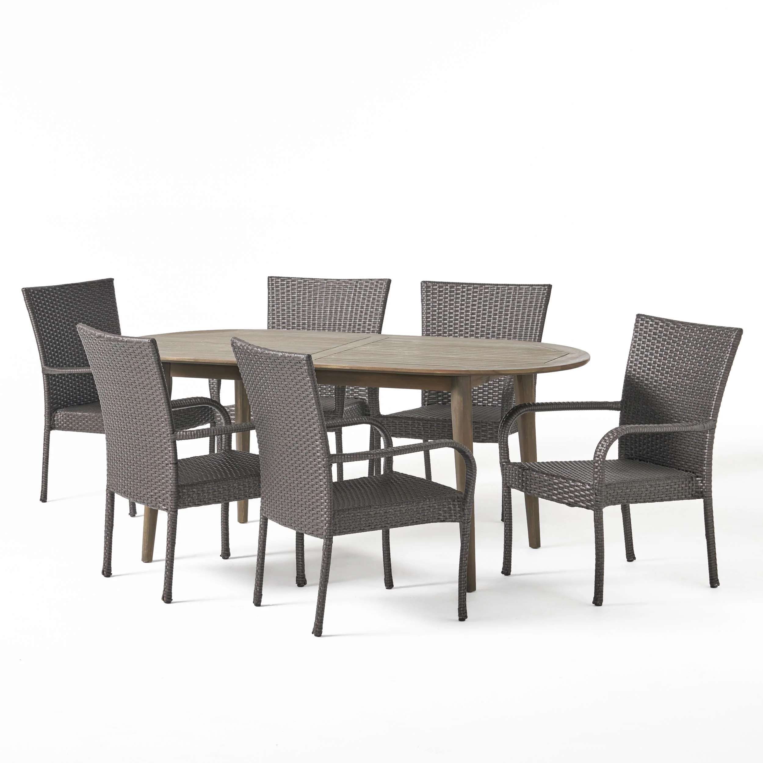 Elle Outdoor 7 Piece Acacia Wood Dining Set with Stacking Wicker Chairs - furnishings