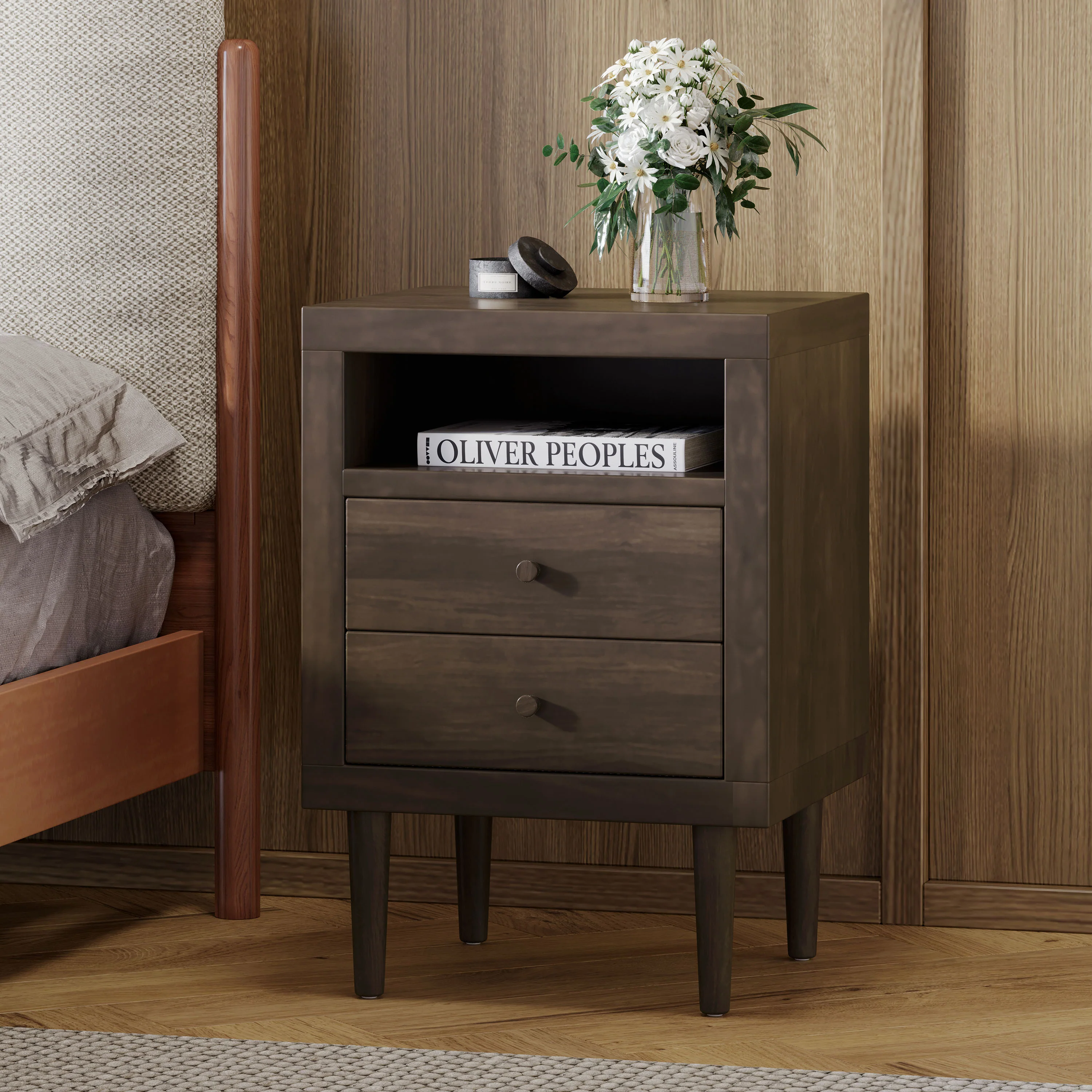 Farhart Mid Century Modern Faux Wood 2 Drawer Nightstand - furnishings