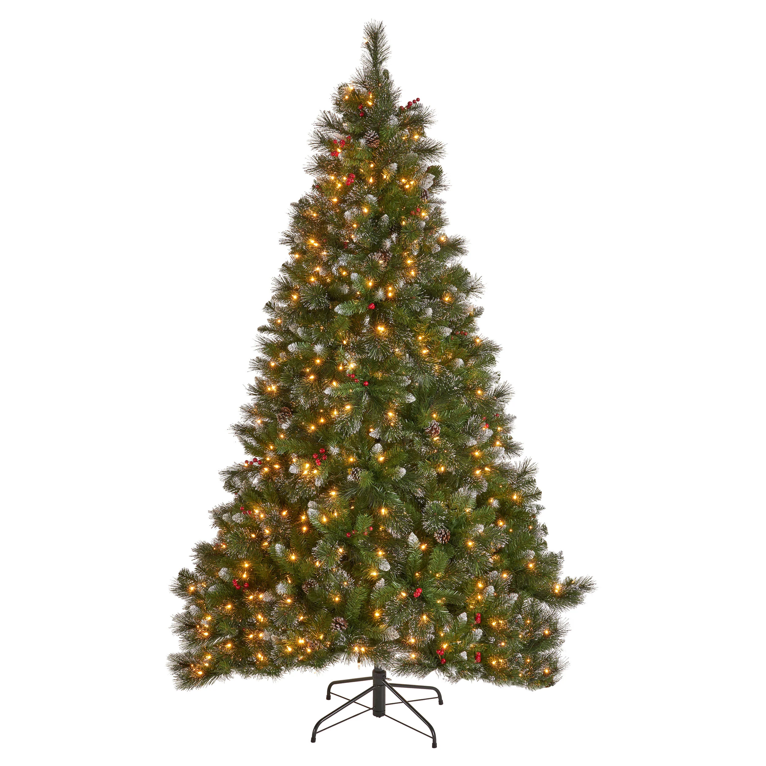 9-foot Mixed Spruce Hinged Artificial Christmas Tree with Glitter Branches, Red Berries, and Pinecones - furnishings