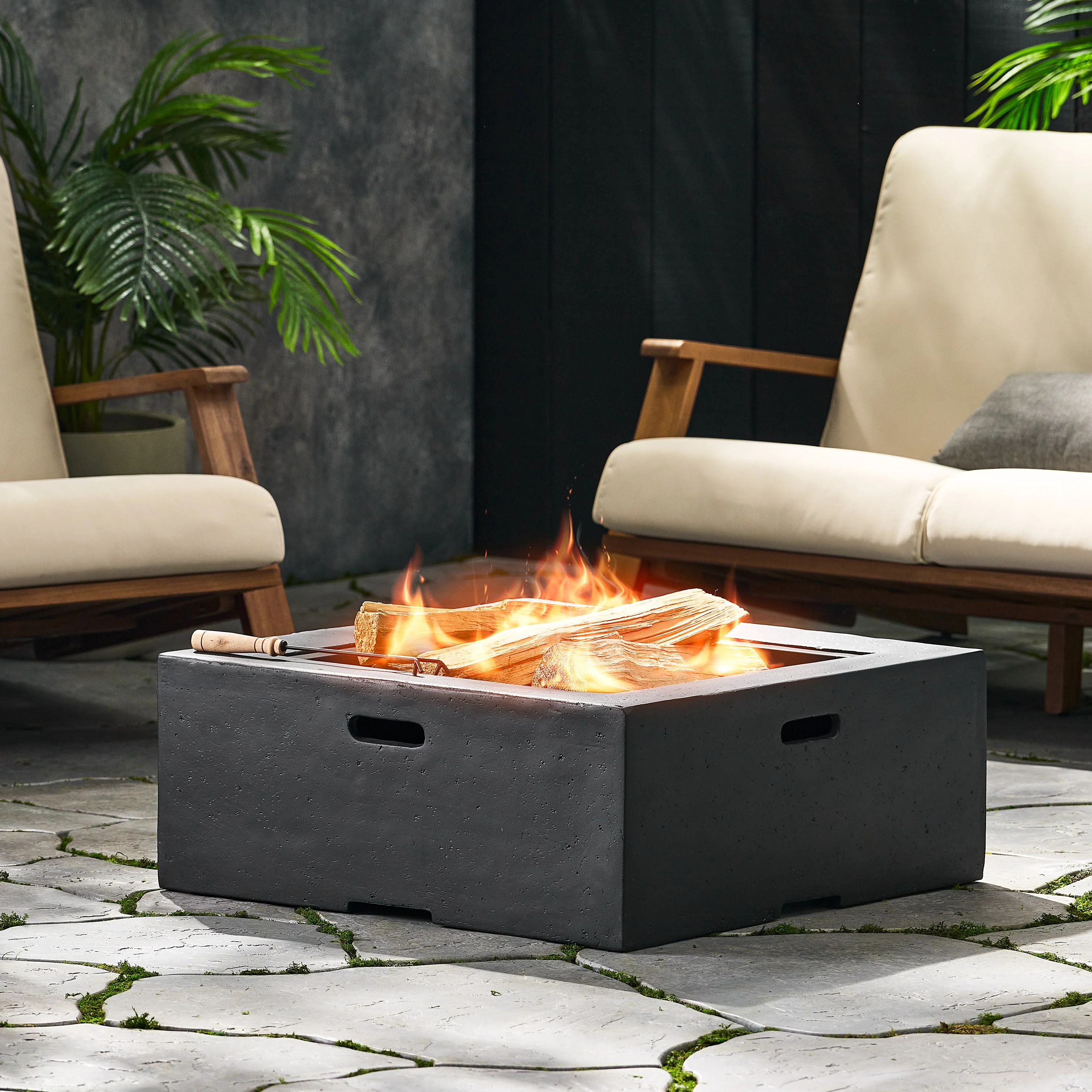 Aruda Outdoor Lightweight Concrete Wood Burning Square Fire Pit, Dark Gray - furnishings