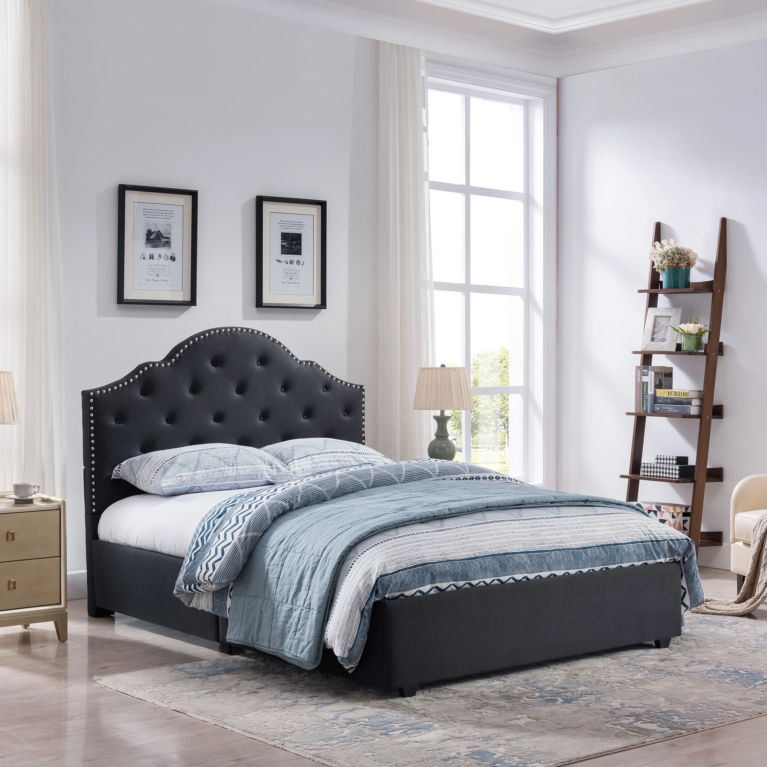 Gentry Contemporary Button-Tufted Camelback Queen Bed Frame with Nailhead Trim - furnishings