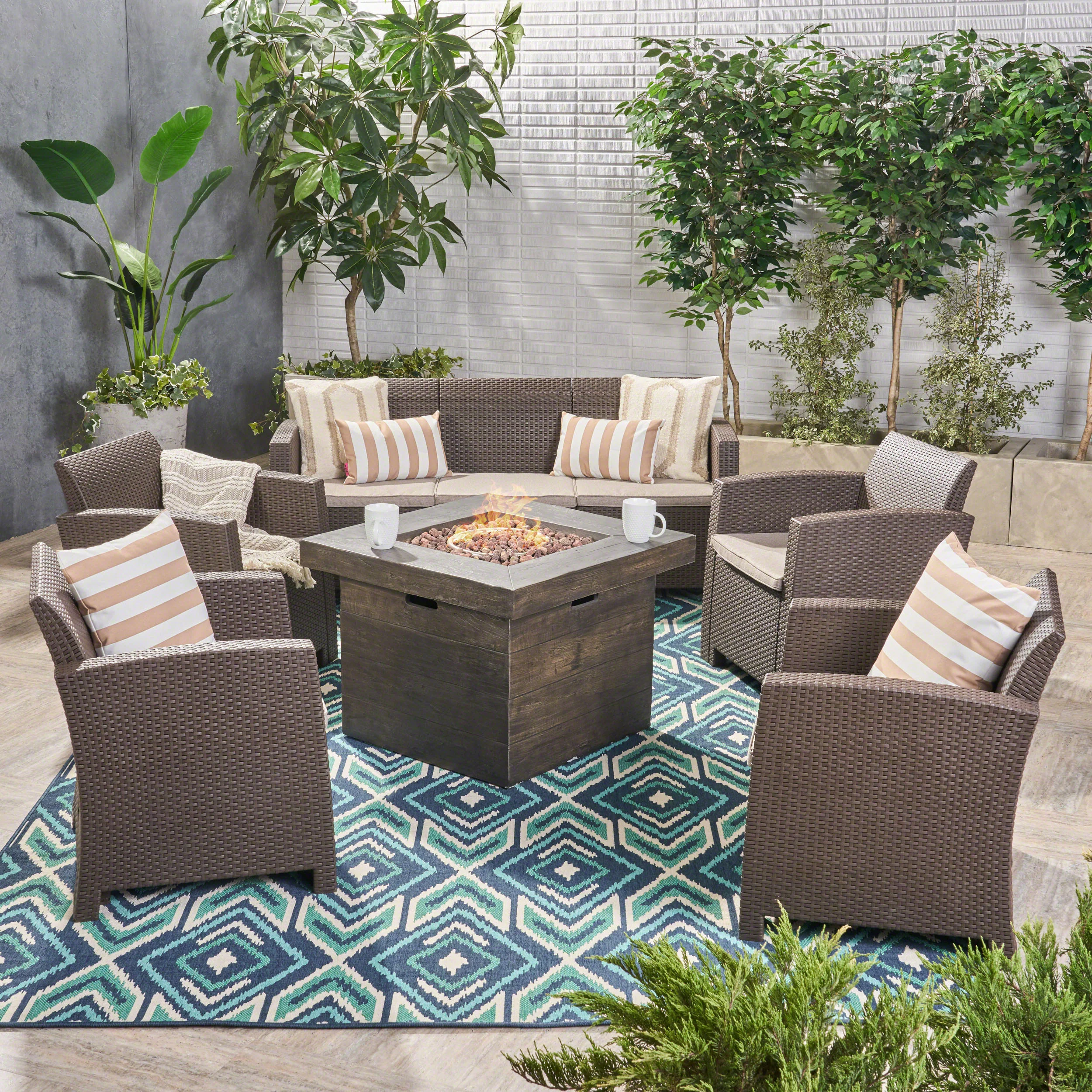 Peter Outdoor 7-Seater Chat Set with Fire Pit - furnishings