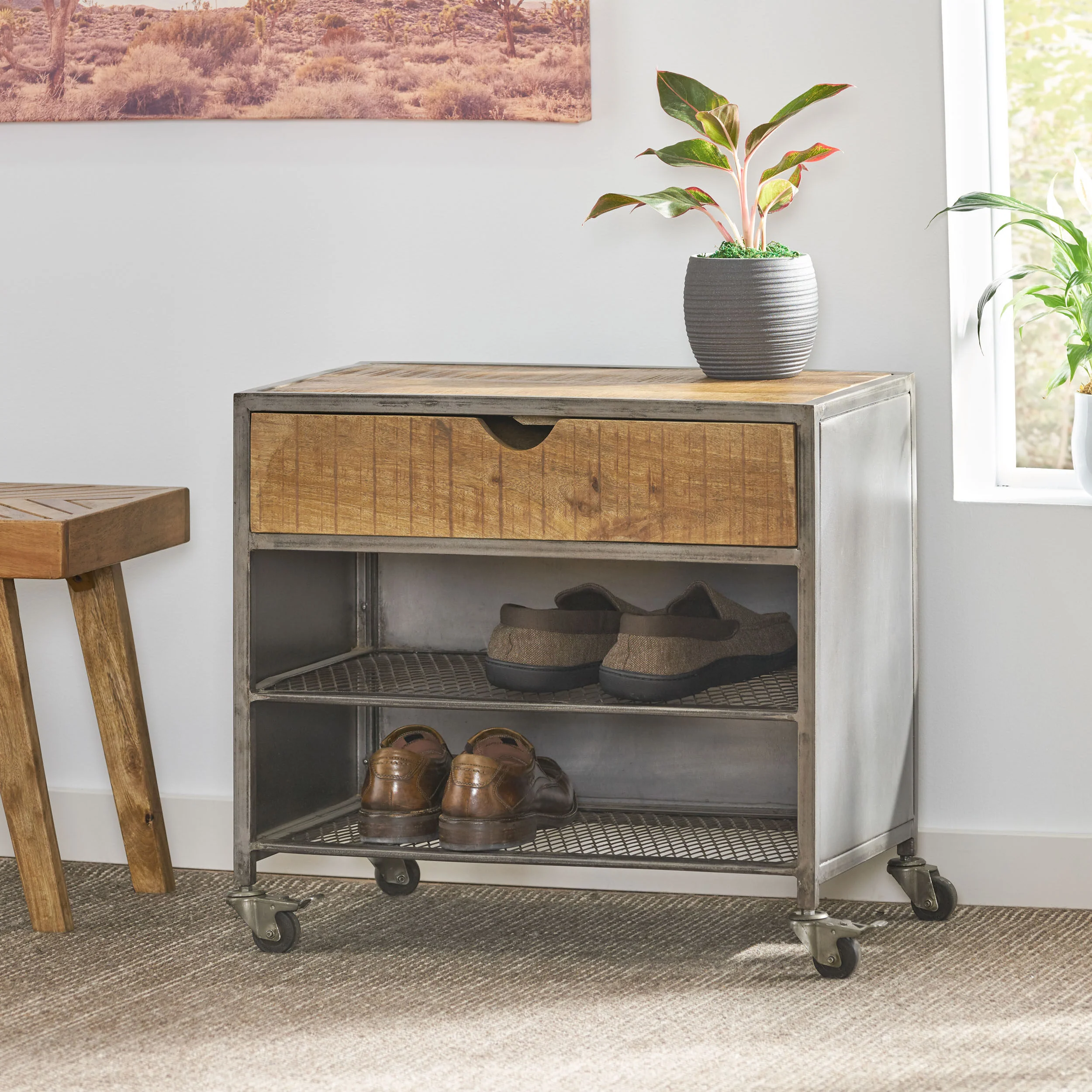 Alanis Industrial Handcrafted Mango Wood Shoe Rack, Natural and Gray - furnishings