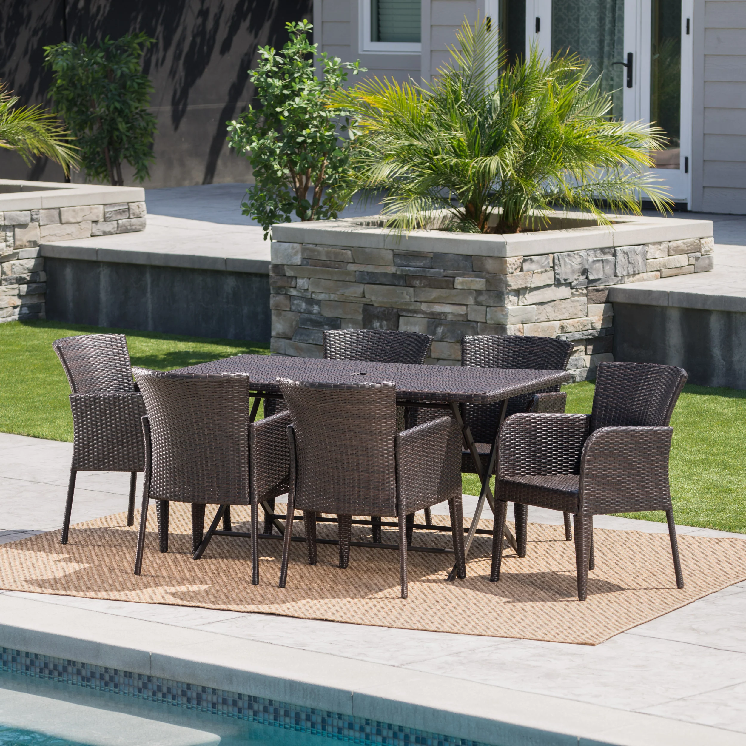 Killion Outdoor 7 Piece Multi-brown Wicker Dining Set with Foldable Table - furnishings