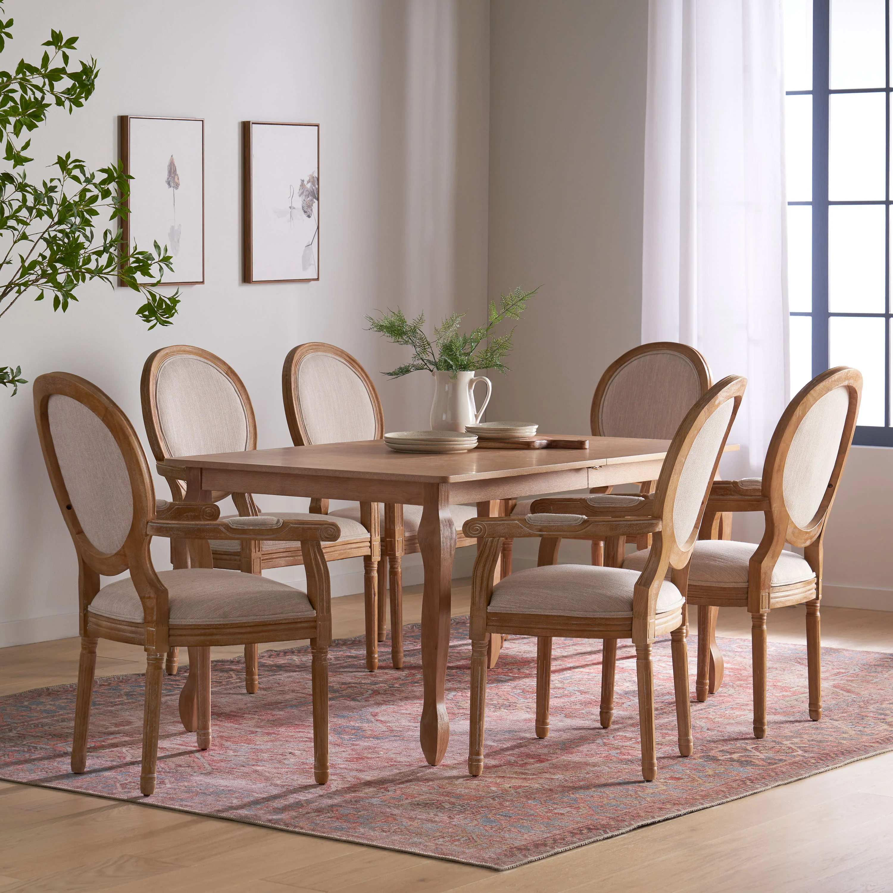 Comisky French Country Fabric Upholstered Wood Expandable 7 Piece Dining Set - furnishings