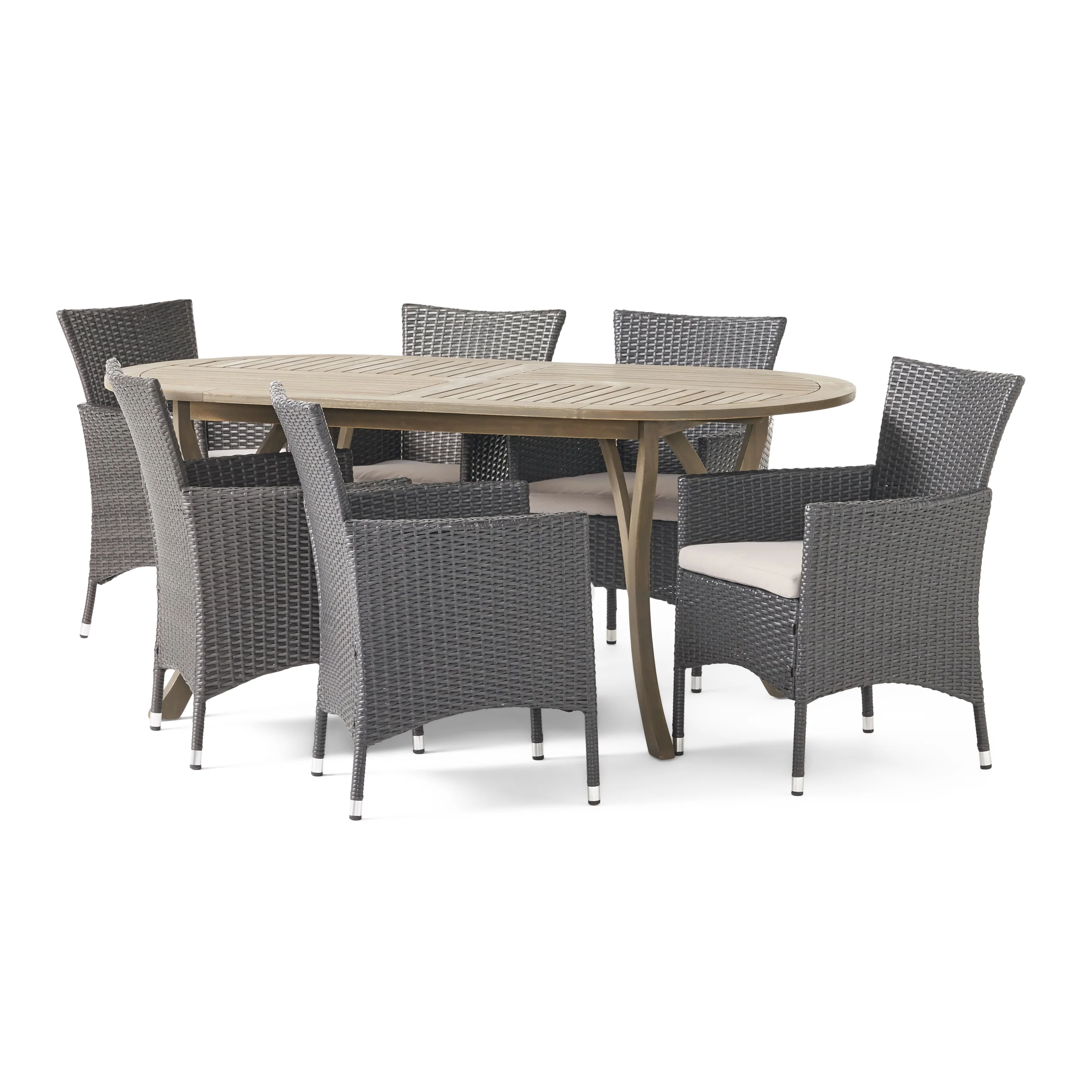 Dahl Outdoor 7 Piece Wood and Wicker Dining Set, Gray Finish and Gray - furnishings