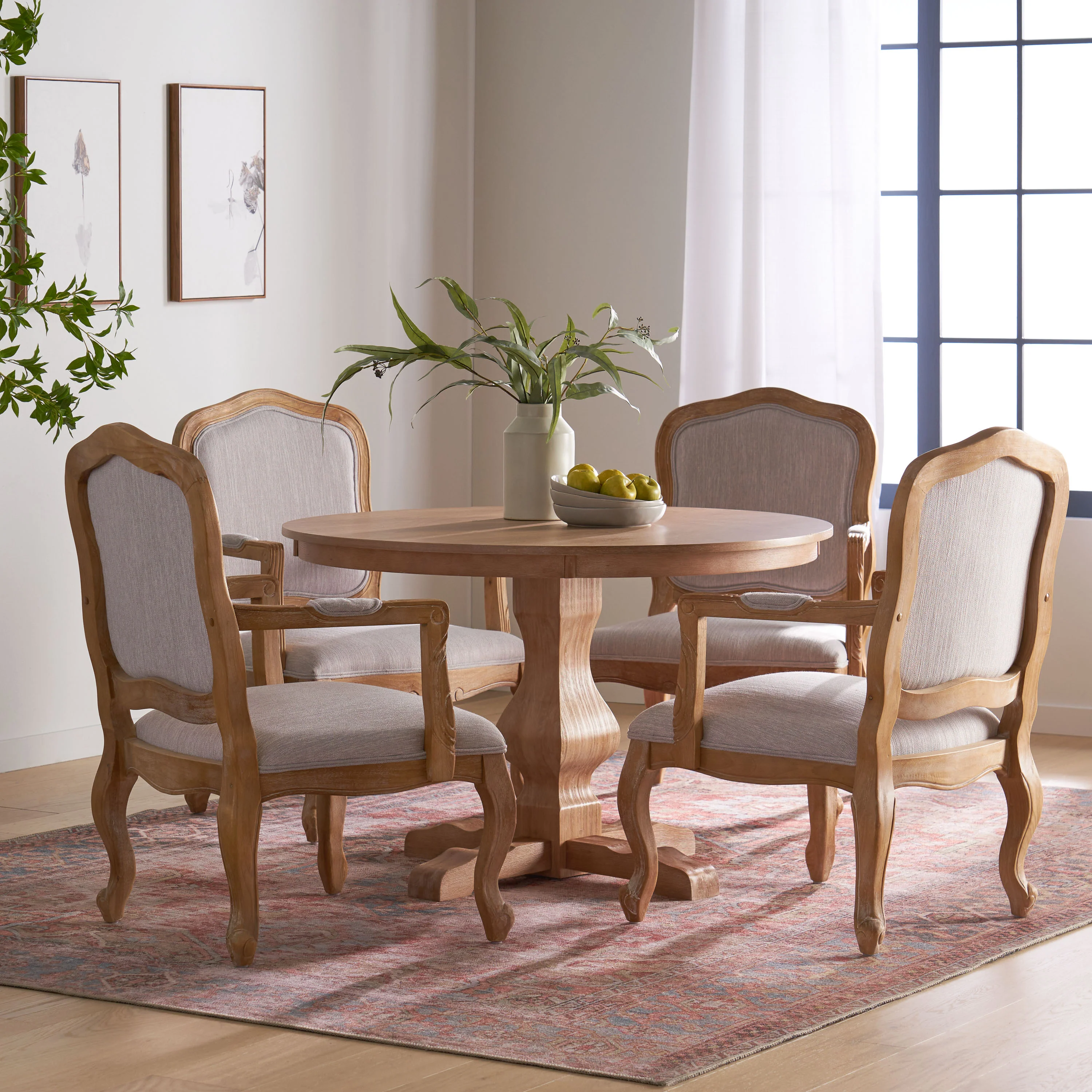 Absaroka French Country Fabric Upholstered Wood 5 Piece Circular Dining Set - furnishings