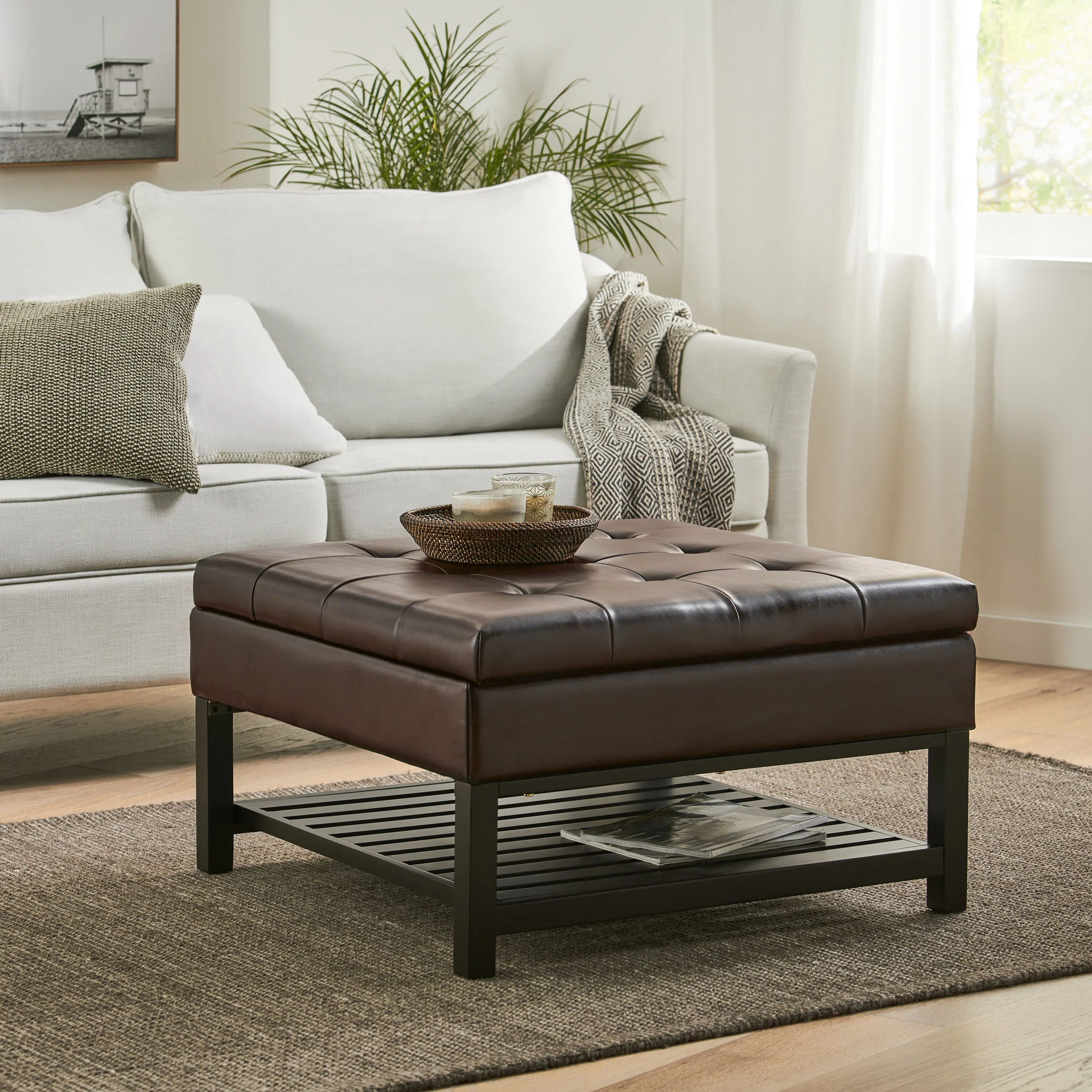 Finn Tufted Brown Leather Square Storage Ottoman Coffee Table - furnishings