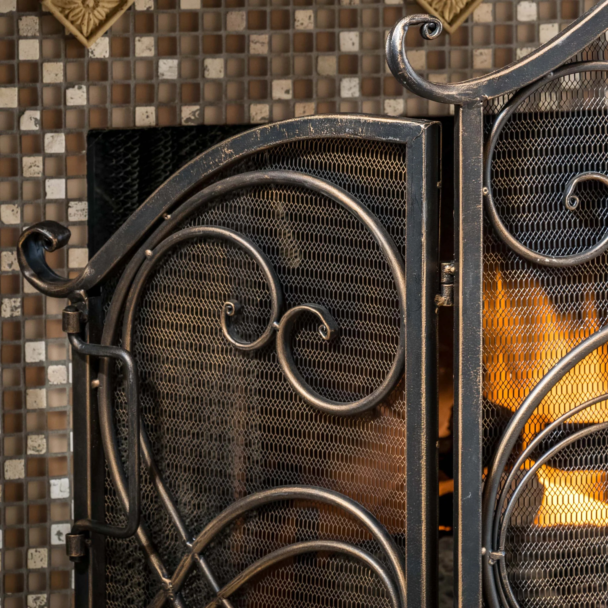Rosalinda Black Gold Finish Floral Iron Fireplace Screen - furnishings