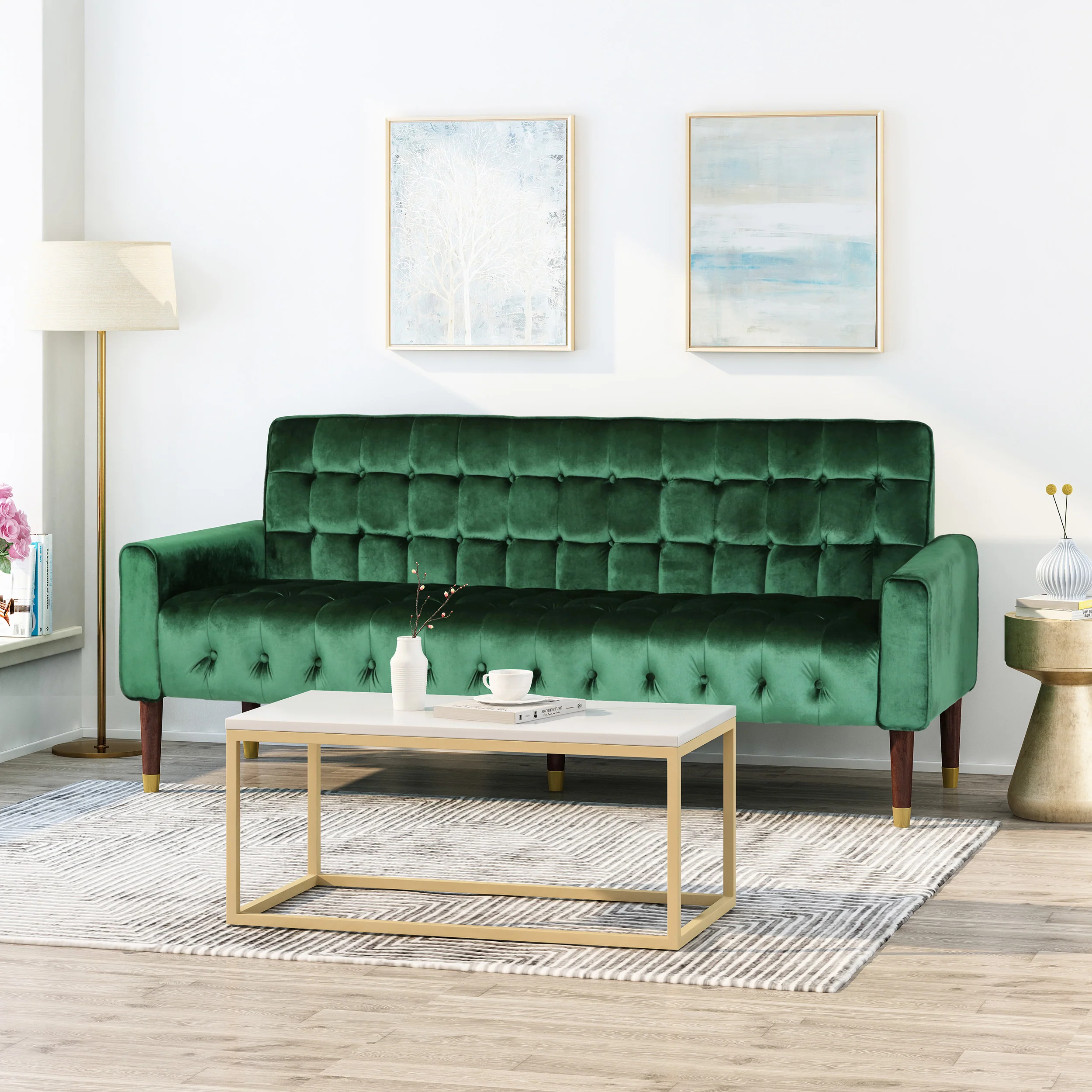 Adan Tufted Velvet Sofa with Gold Tipped Tapered Legs - furnishings