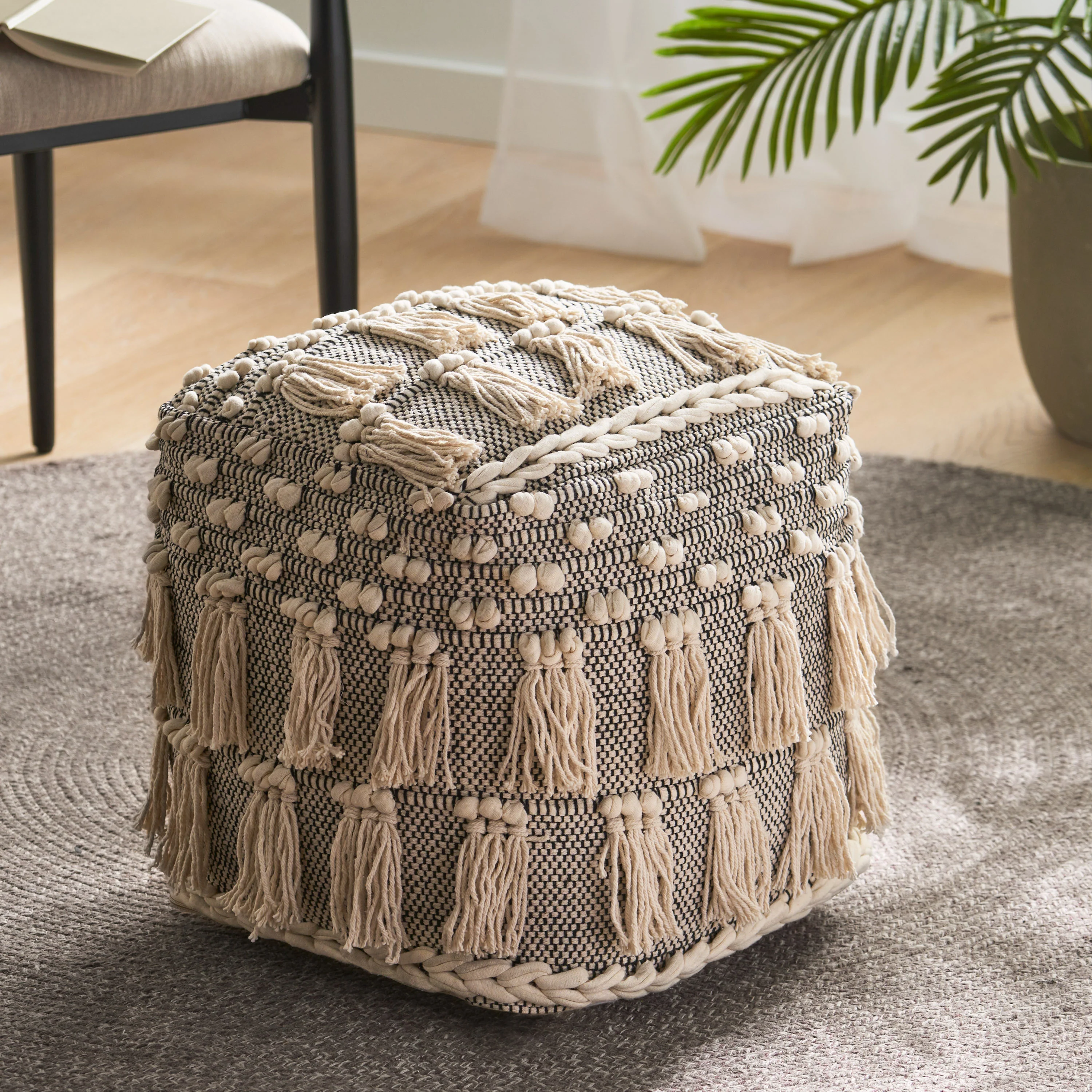 Arcola Handcrafted Boho Fabric Cube Pouf with Tassels - furnishings