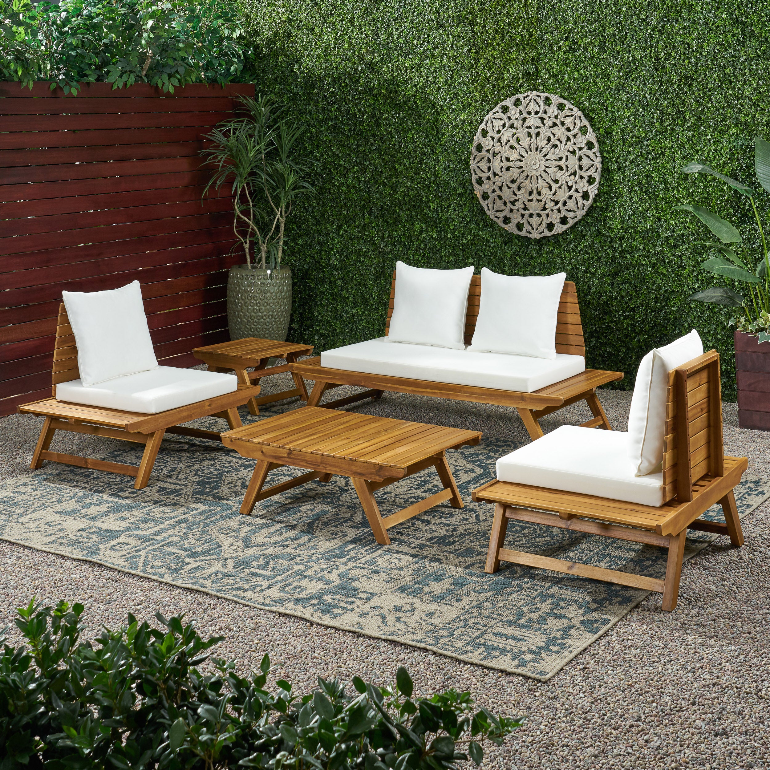 Kaiya Outdoor Acacia Wood 4 Seater Chat Set with Side Table and Coffee Table - furnishings