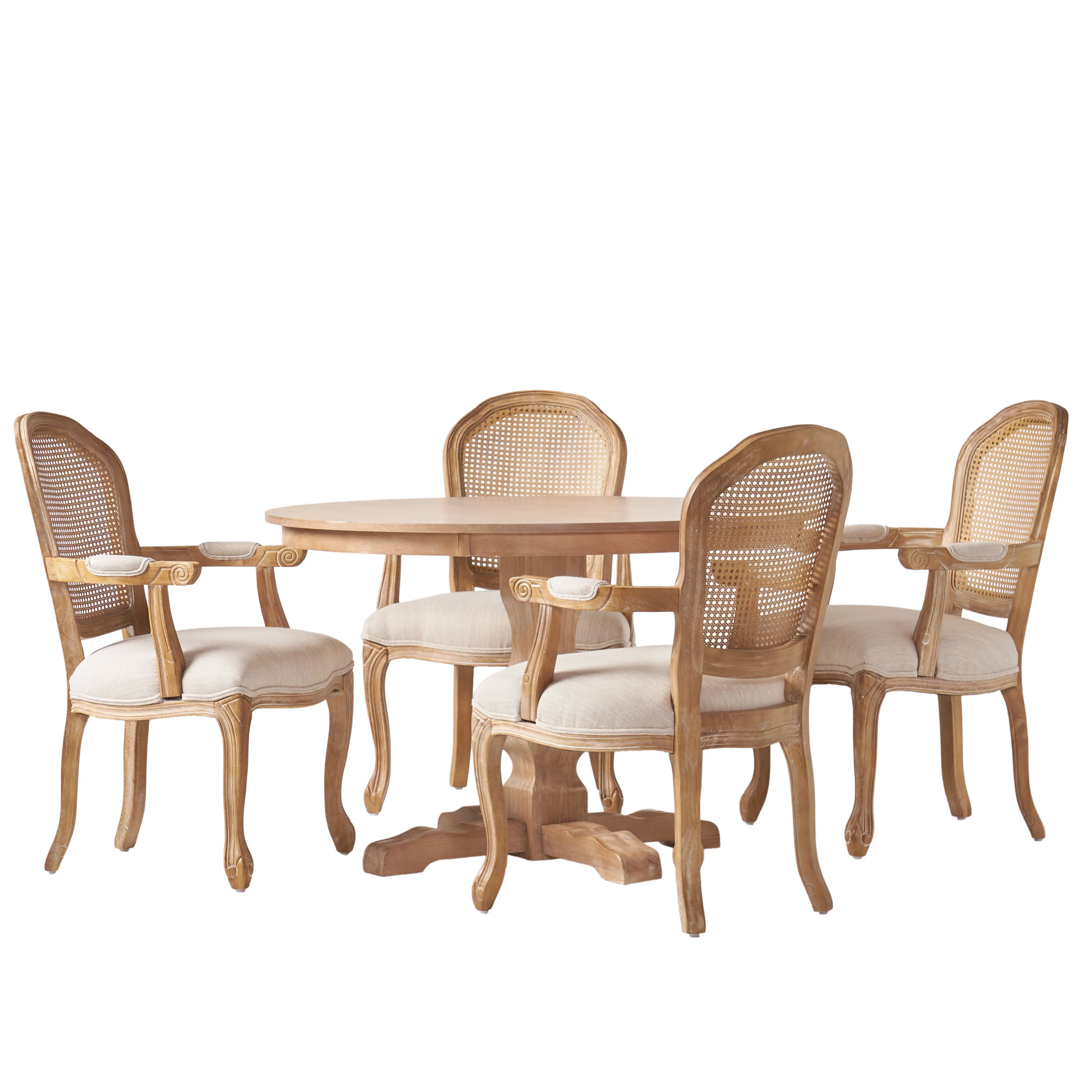 Ardyce French Country Fabric Upholstered Wood and Cane 5 Piece Circular Dining Set - furnishings