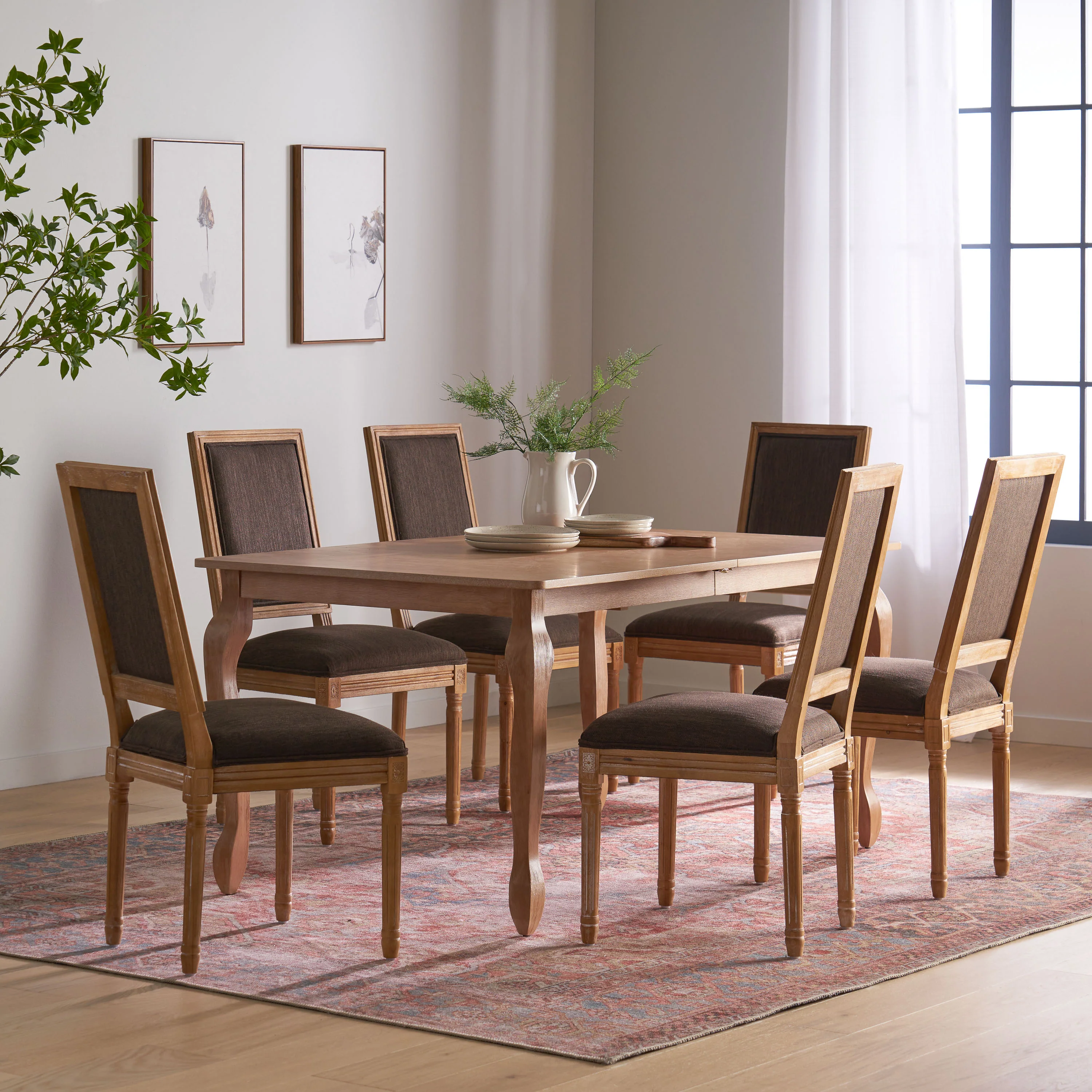 Fernleaf French Country Fabric Upholstered Wood Expandable 7 Piece Dining Set - furnishings