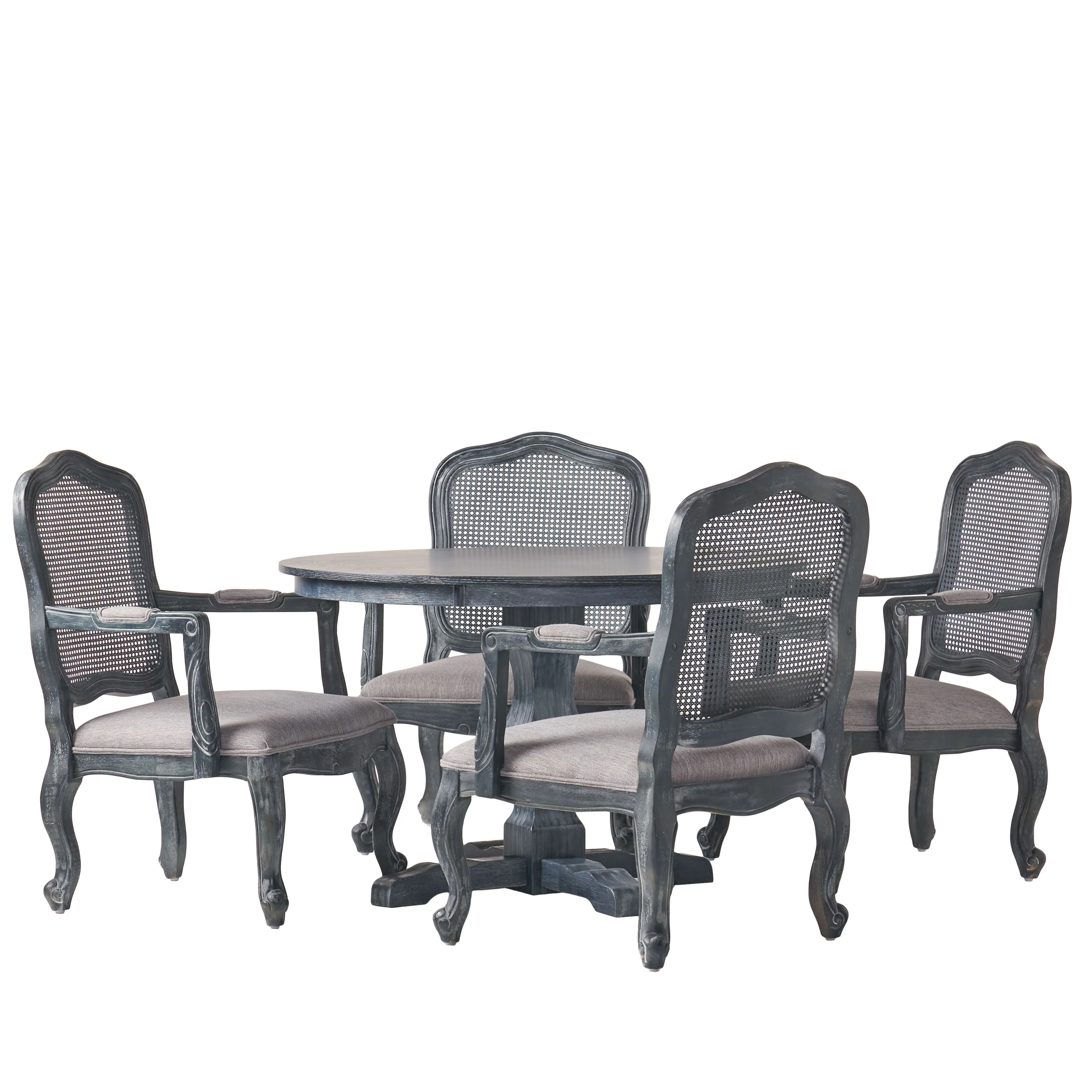 Absaroka French Country Fabric Upholstered Wood and Cane 5 Piece Circular Dining Set - furnishings