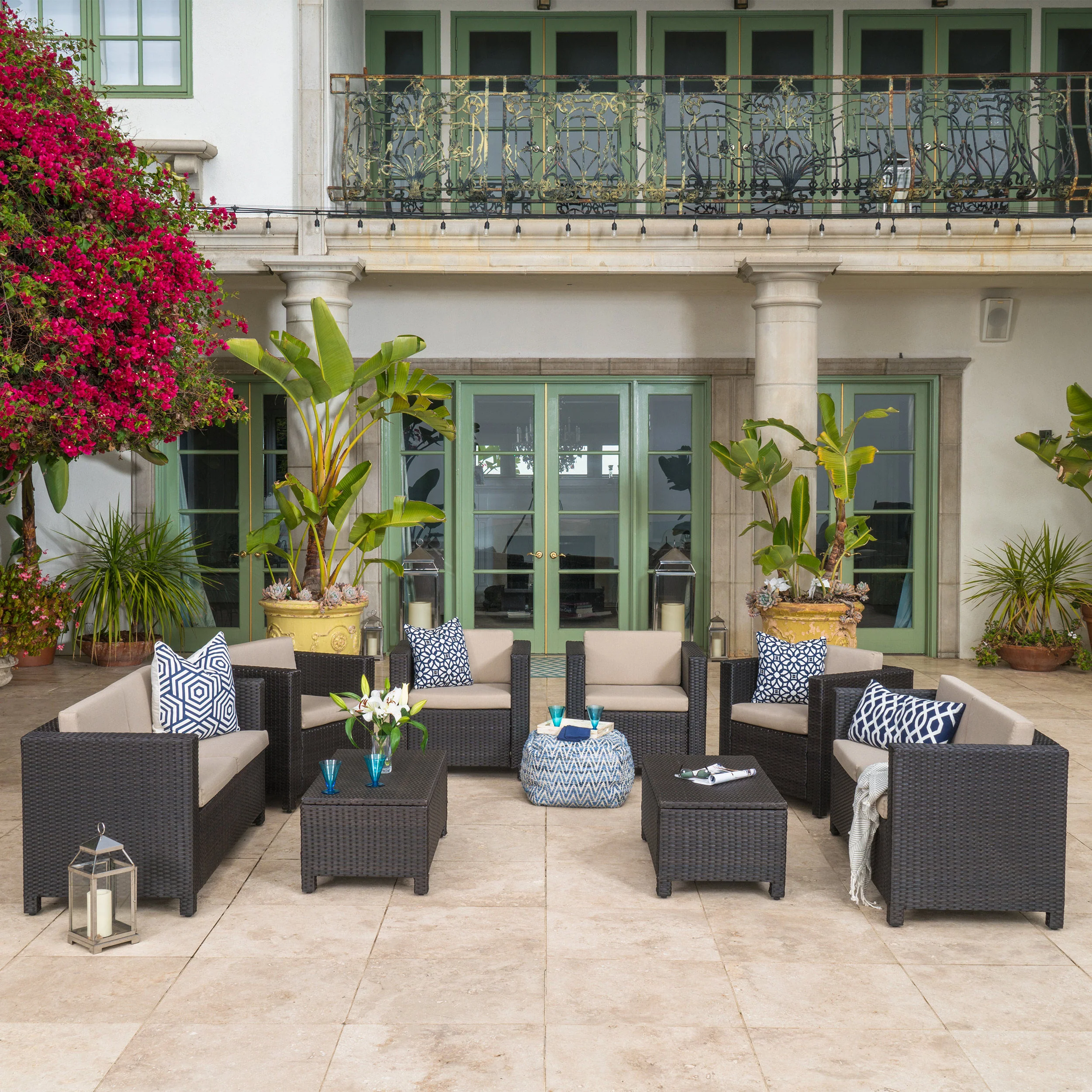 Feronia Outdoor 8 Pc Wicker Chat Set w/ Water Resistant Cushions - furnishings