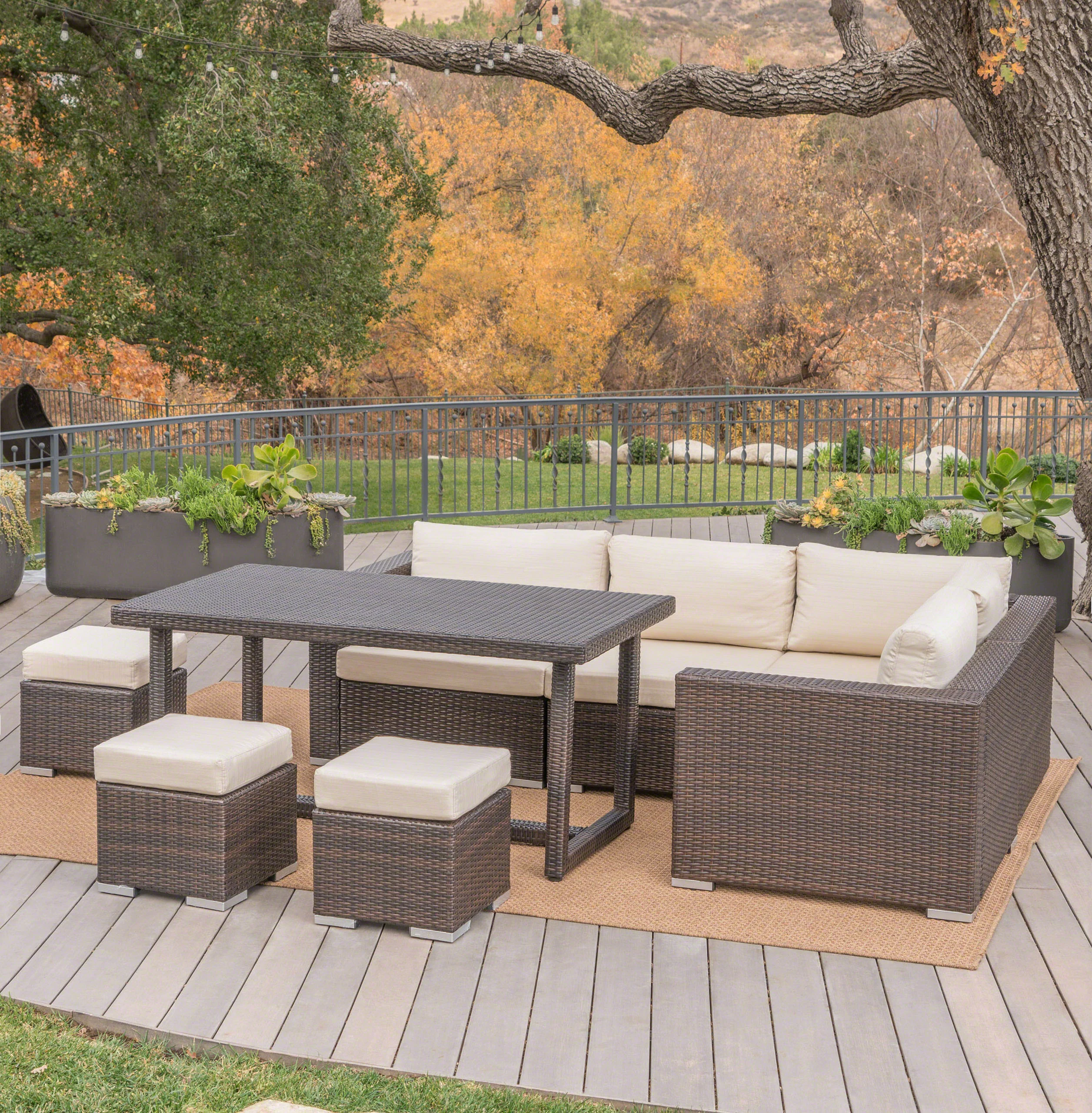 Santa Rosa Outdoor 7 Seat Dining Sofa and Ottoman Set with Aluminum Frame - furnishings