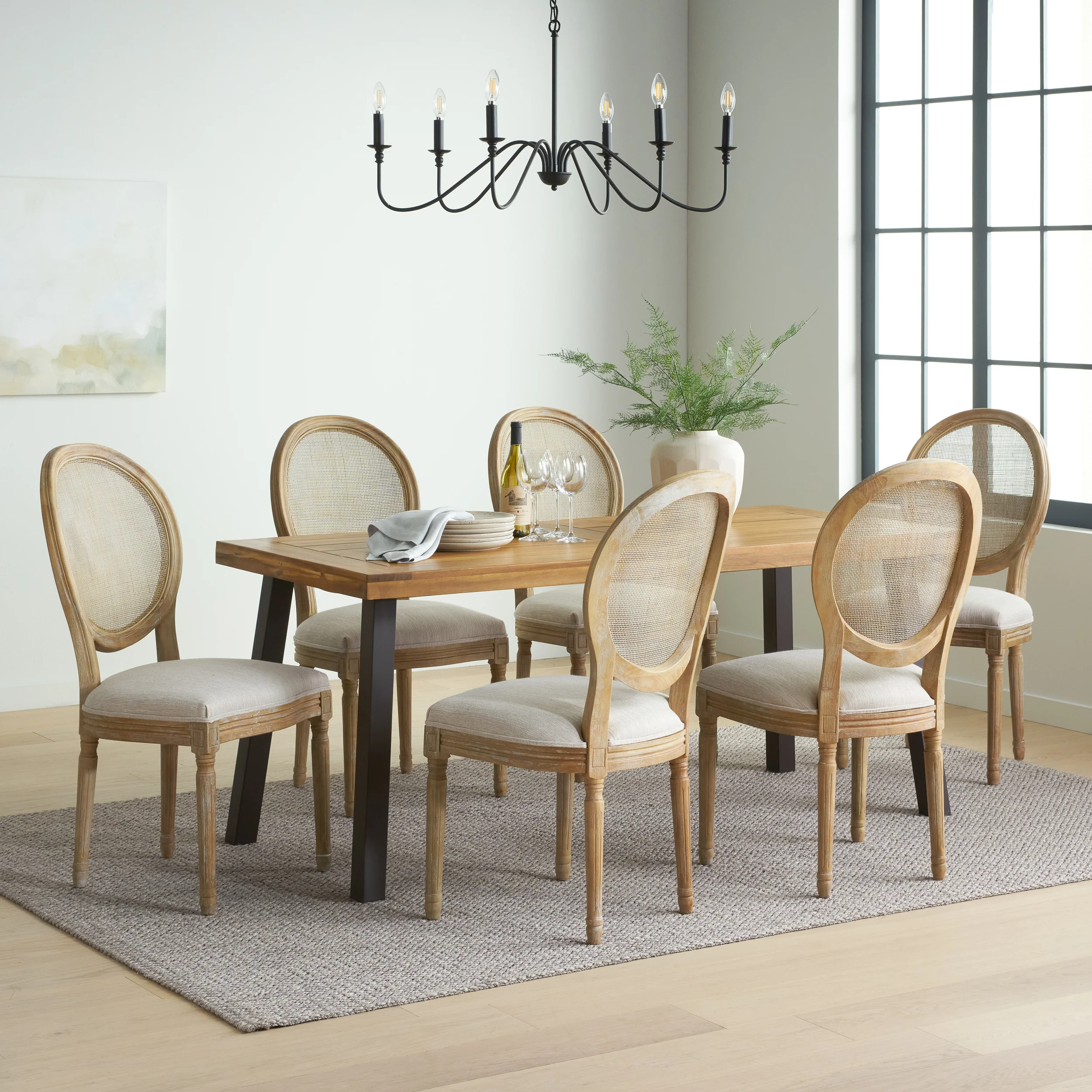 Karlene Farmhouse Fabric Upholstered Wood and Rattan 7 Piece Dining Set, Natural, Rustic Metal, and Beige - furnishings